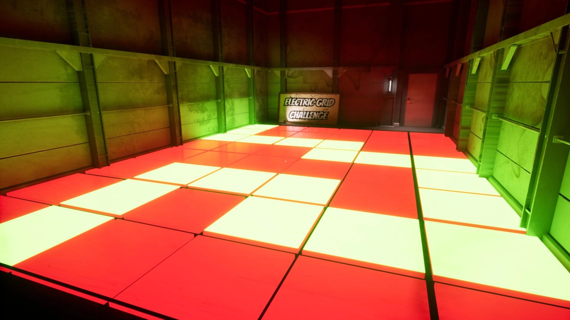 Mr Wonder: Navigate glowing red and green electric grid challenge in dimly lit industrial room.