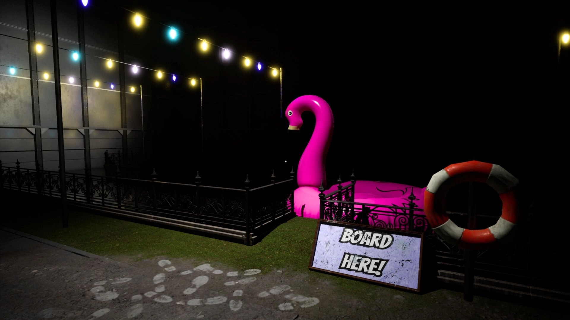 Mr Wonder: Neon-lit dock with pink swan pedal boat and sign reading "Board Here!" in eerie darkness