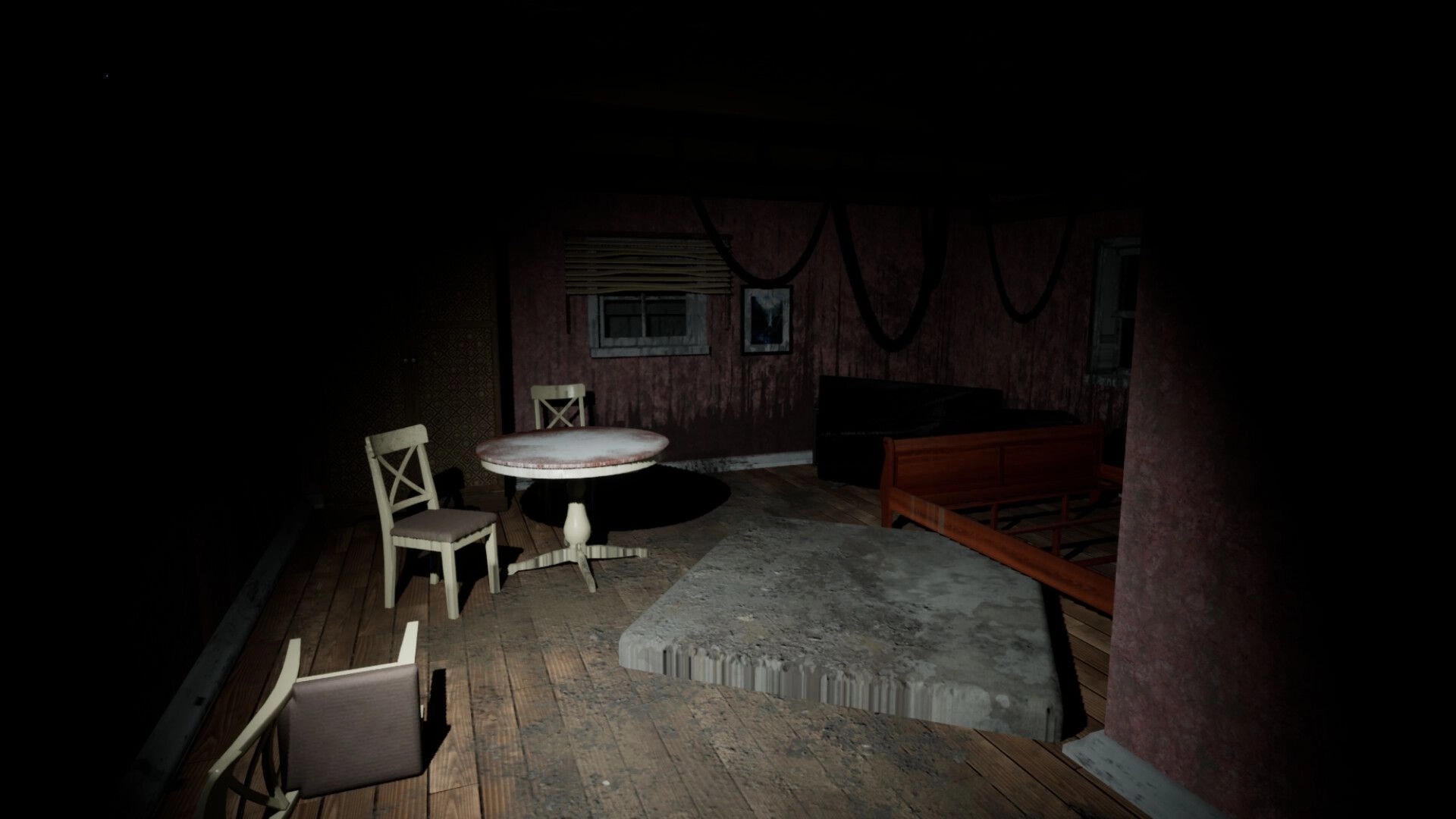 Mr Wonder: Dimly lit room with overturned chair, round table, and worn bed in abandoned studio.