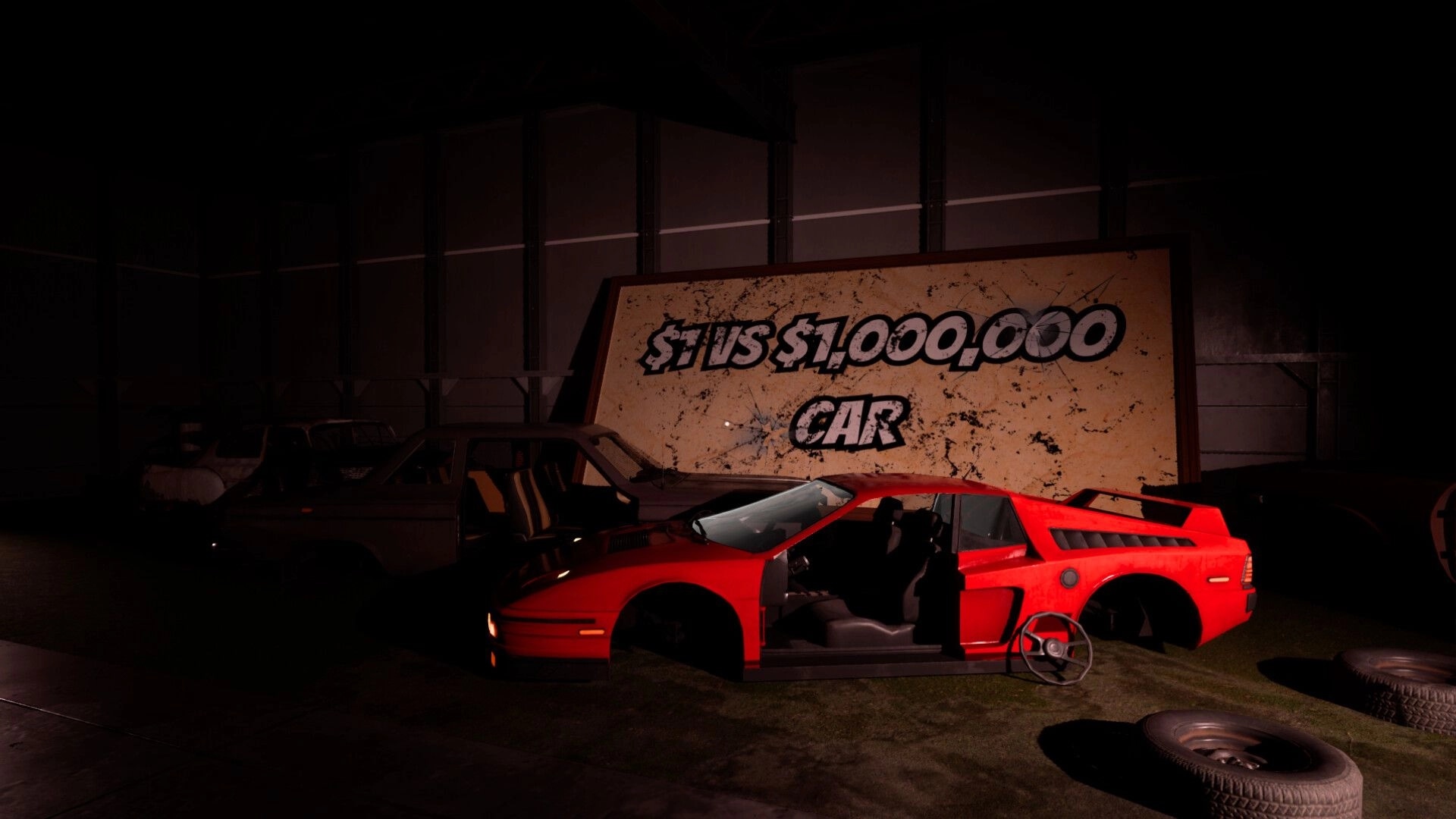 Mr Wonder: Red car missing parts in dimly lit garage with $1,000,000 prize sign in background