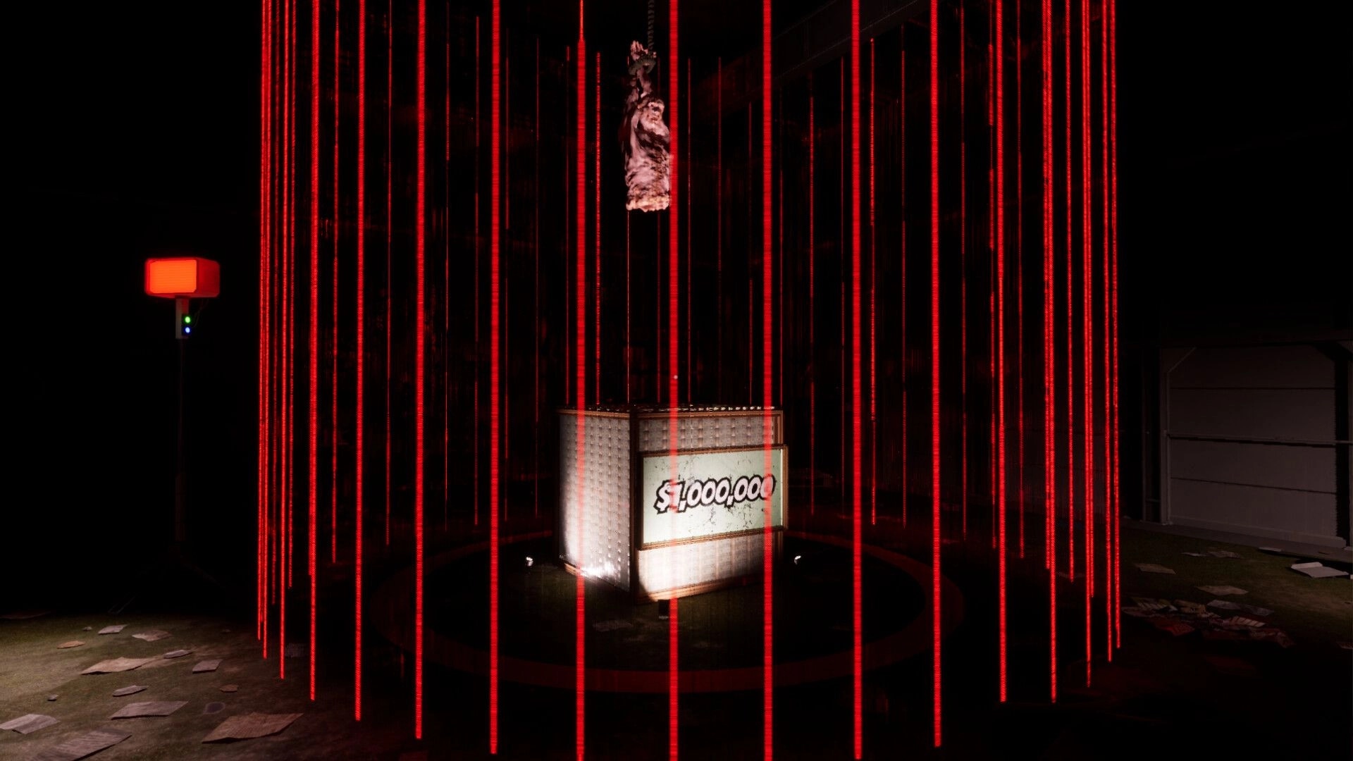 Mr Wonder: Suspended mannequin and $1,000,000 prize cube surrounded by red laser barriers in dark studio