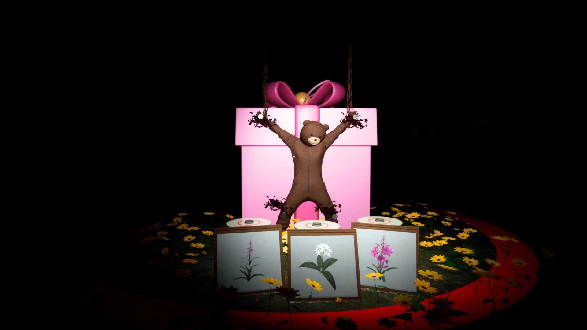 Mr Wonder: Teddy bear chained in front of giant gift box surrounded by flower paintings in dark studio