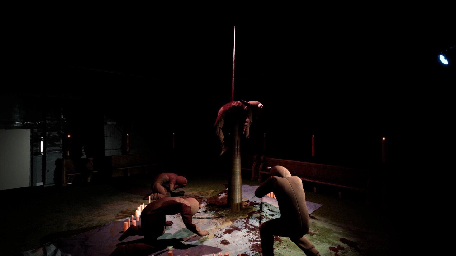 Mr Wonder: Dark ritual scene with hooded figures kneeling around a pole in a dimly lit room