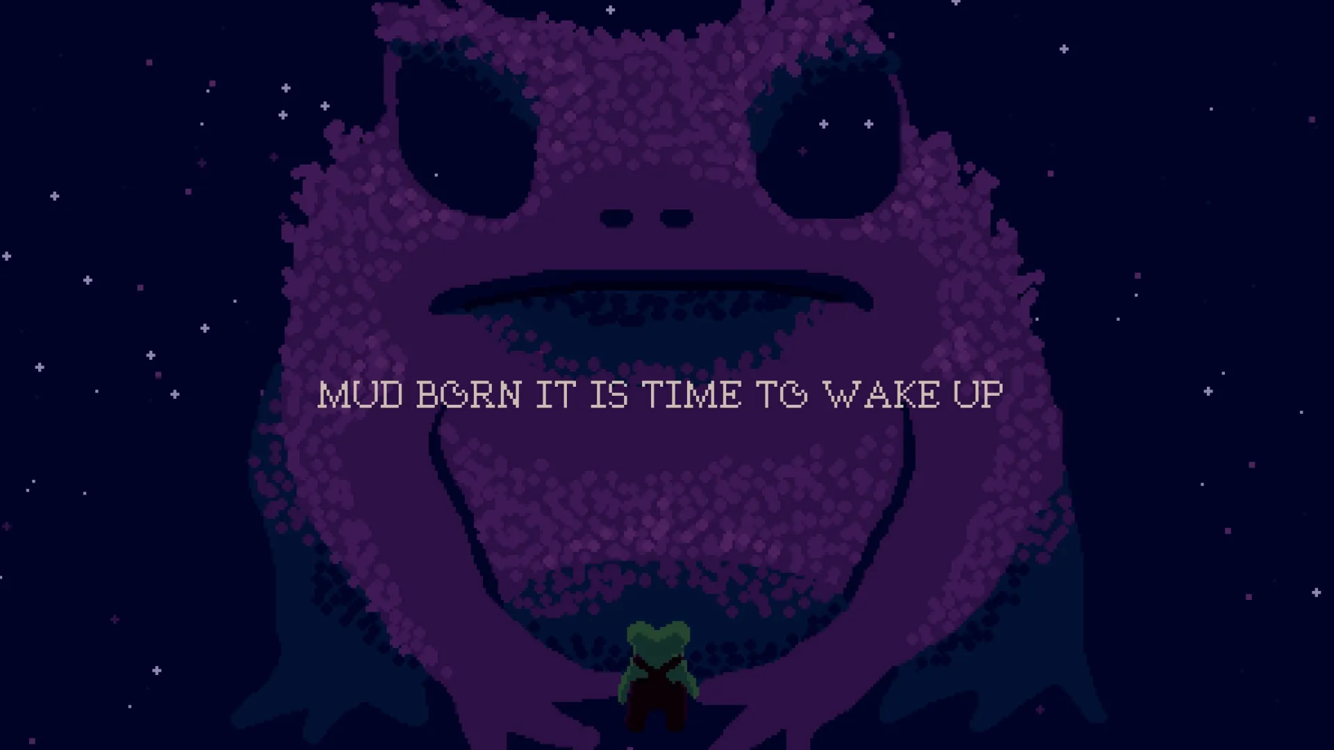Mudborne: Giant purple frog looming over a small frog in a starry night setting with text overlay.