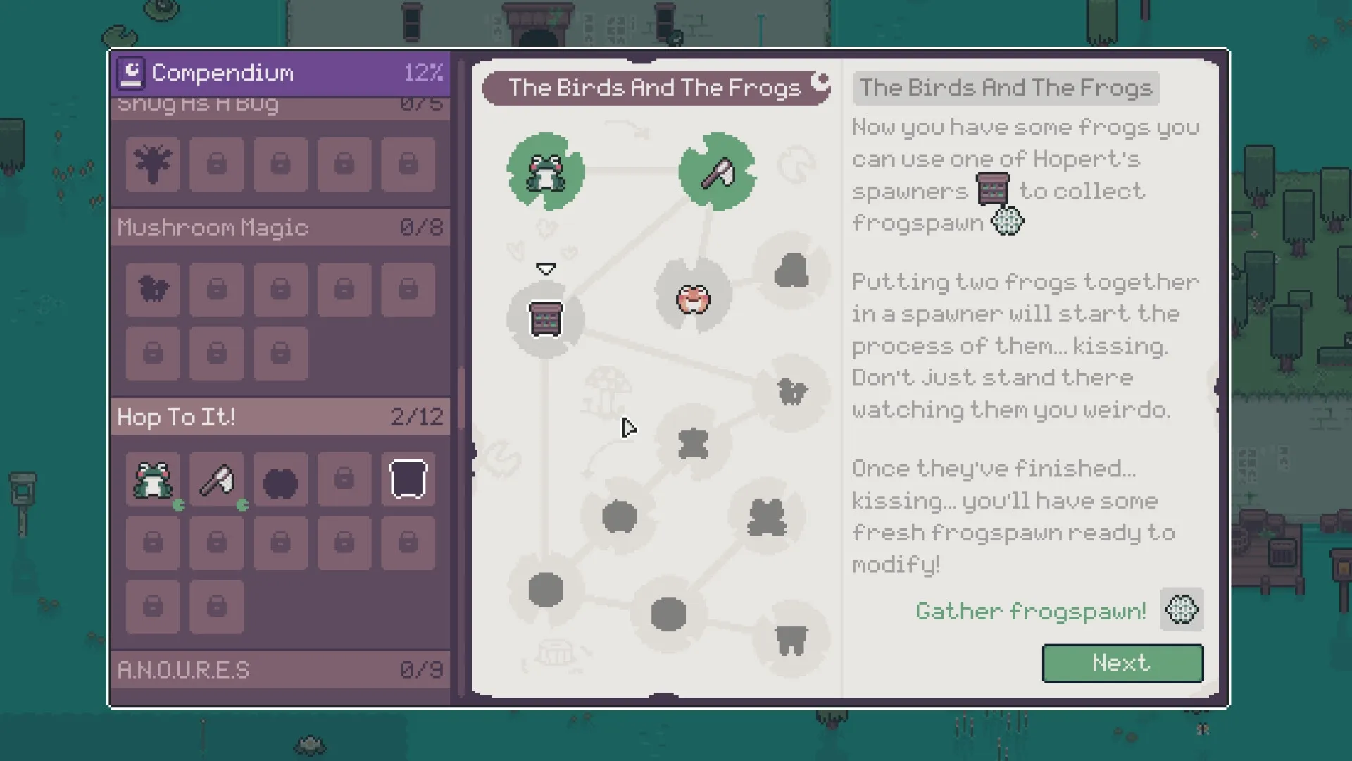 Mudborne: Quest titled 'The Birds And The Frogs' with compendium and frog breeding instructions