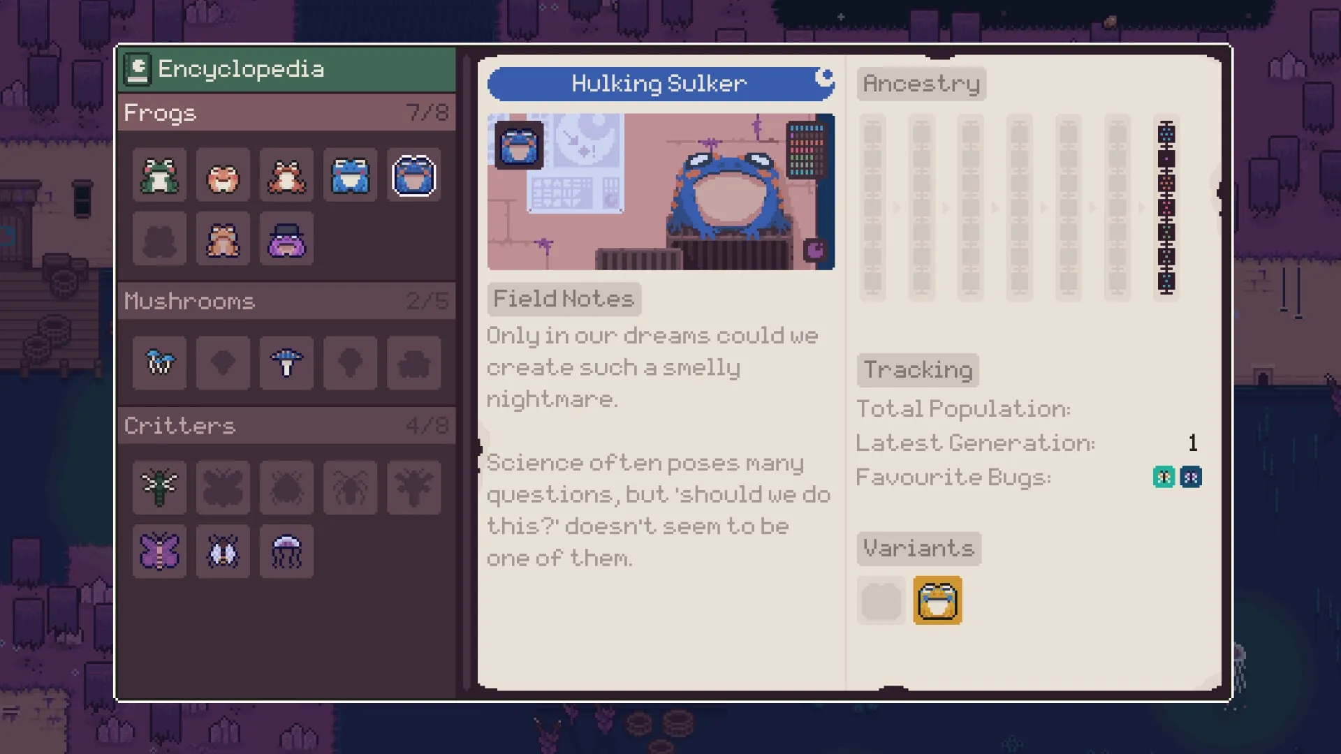 Mudborne: Encyclopedia screen displaying frog species, including Hulking Sulker, with field notes.