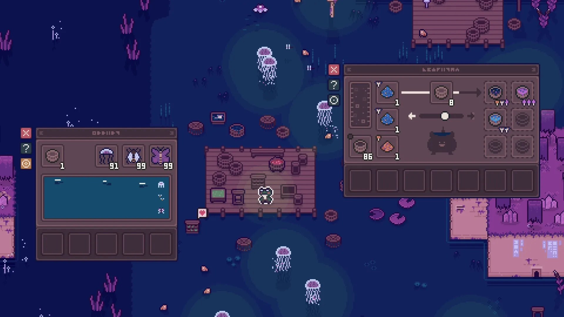 Mudborne: Character stands on dock surrounded by jellyfish, with inventory and crafting menus open
