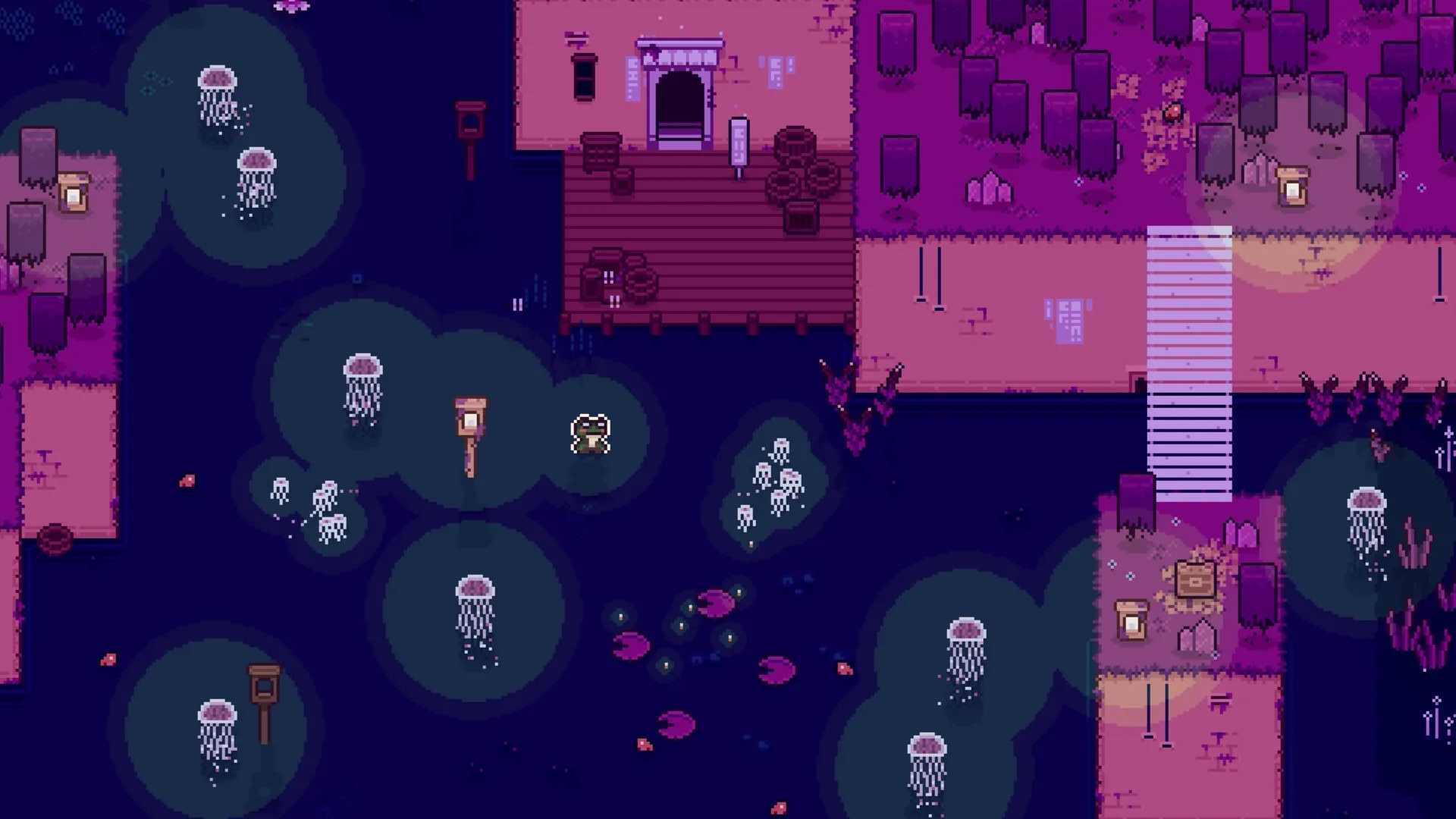 Mudborne: Frog near pond with glowing jellyfish, surrounded by lily pads and abandoned building.