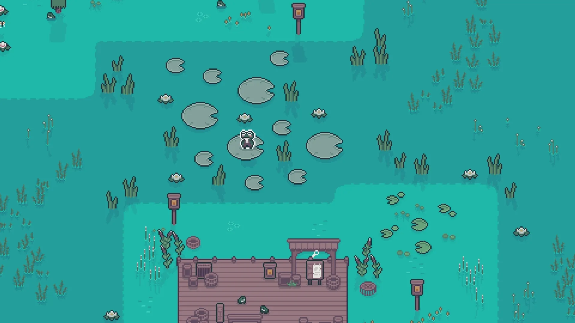 Mudborne: Frog on lily pad in a pond surrounded by reeds and a wooden dock with items scattered