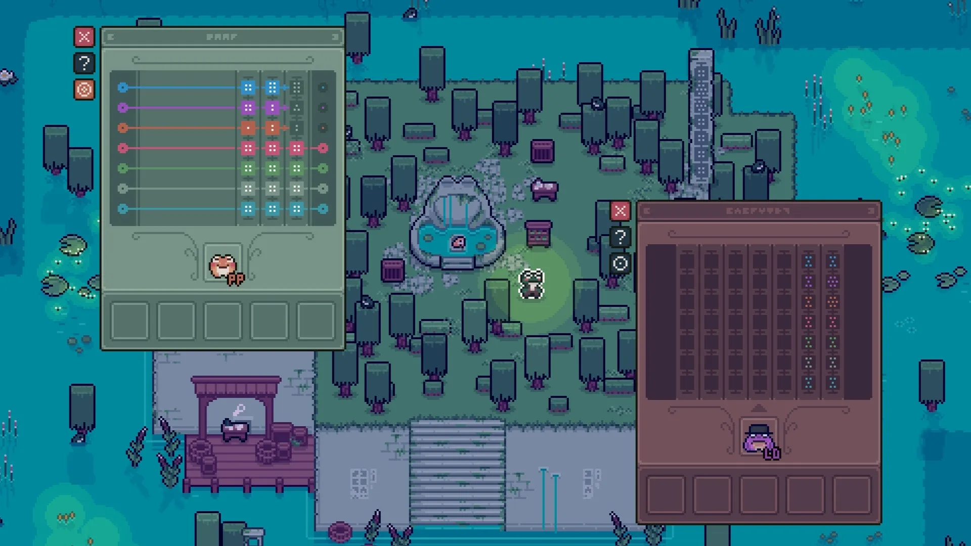 Mudborne: Genetic sequencing interface with frog icon, surrounded by a lush, pixelated pond environment
