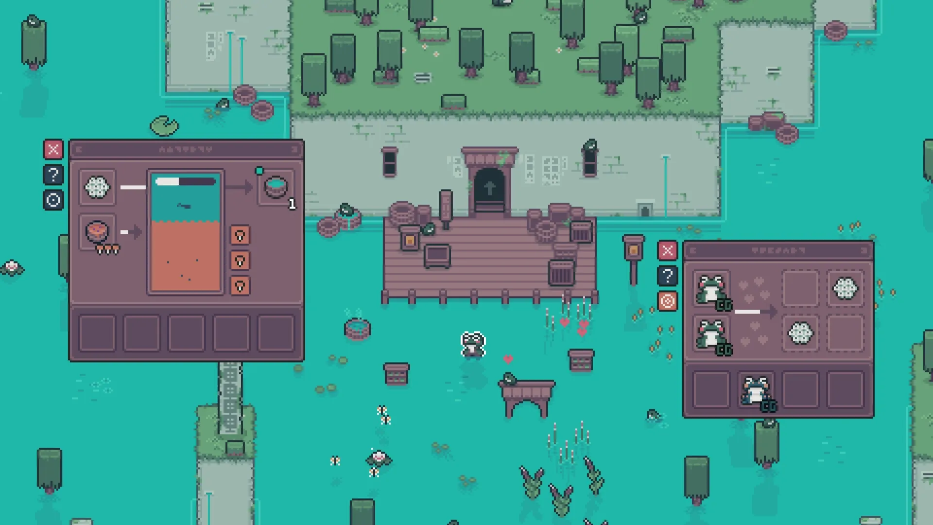 Mudborne: Breeding interface and inventory menu displayed in a vibrant pond environment
