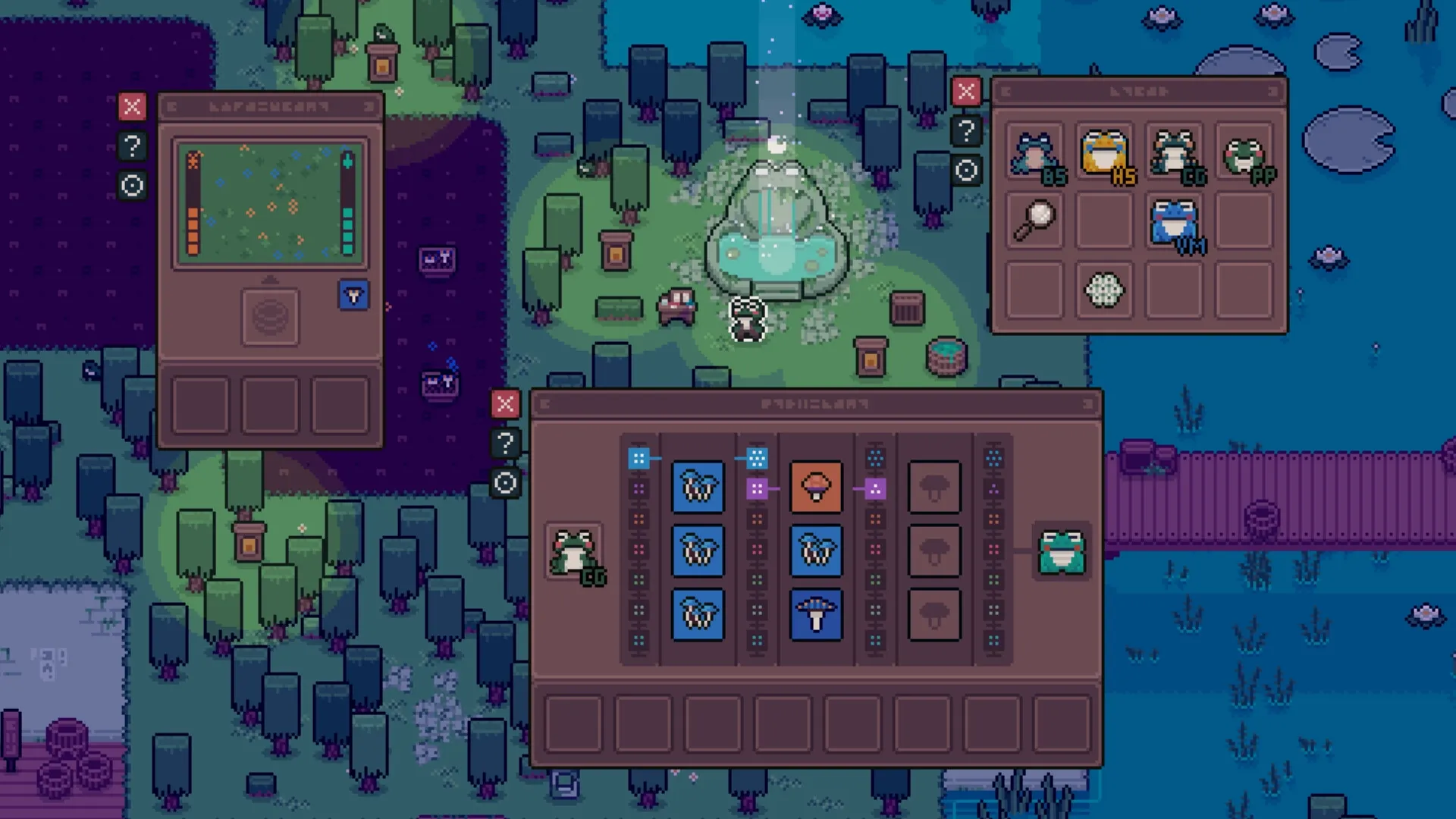 Mudborne: Player managing inventory and frog breeding in a pixel art pond surrounded by trees.