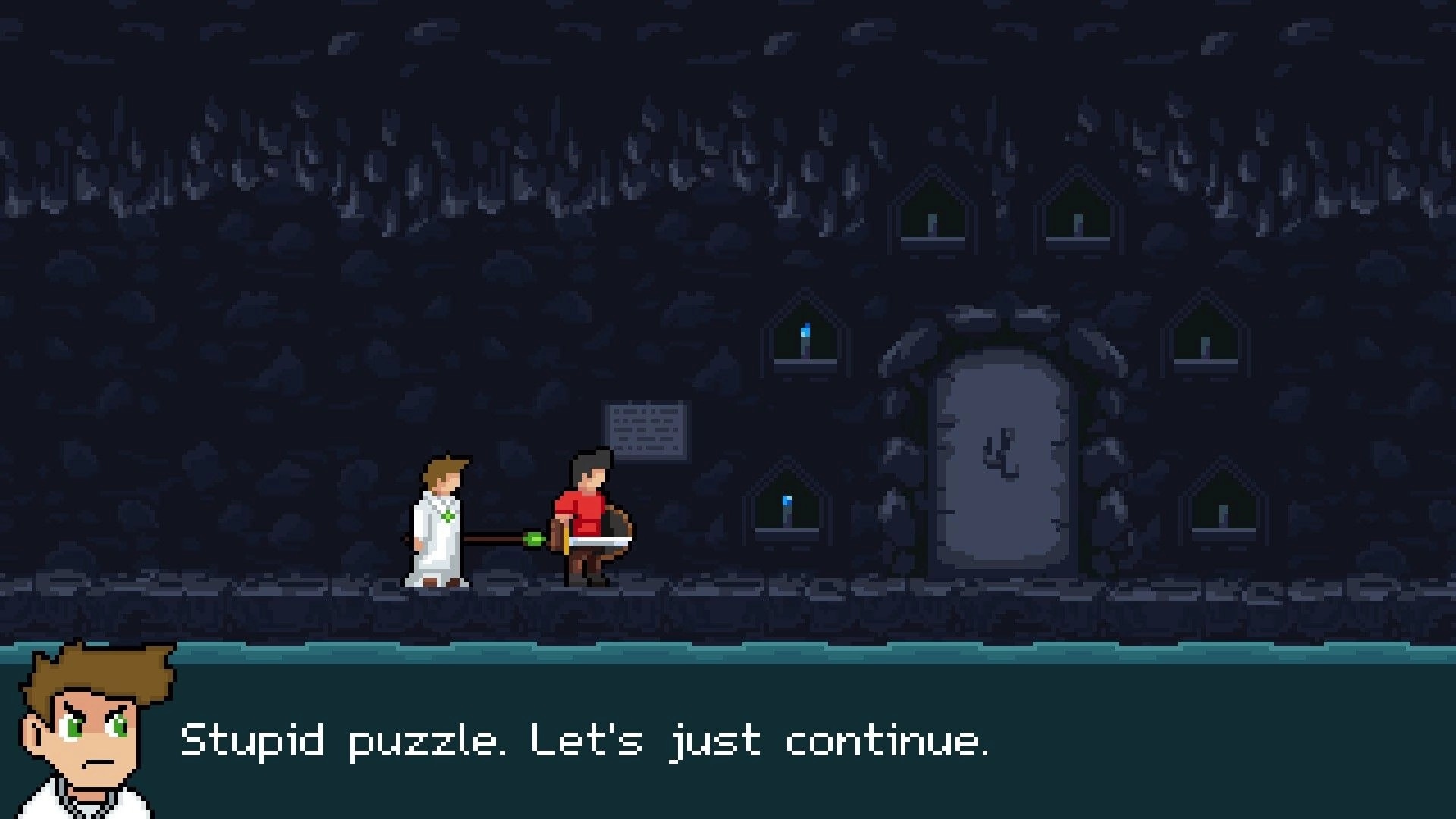 MultiEnding Heroes: The Priest and The Hero walk through dim cave interior, puzzled by locked door.
