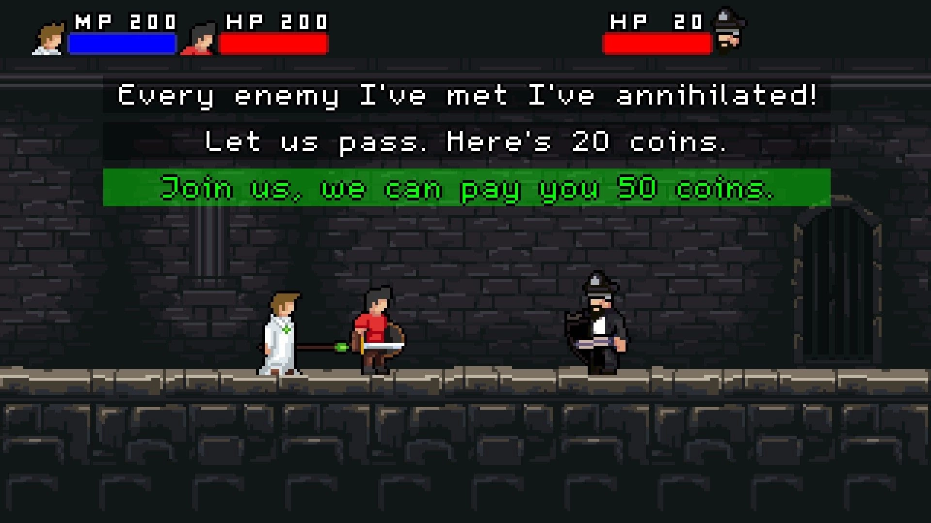 MultiEnding Heroes: The Priest and Hero negotiate with guard in a dark dungeon corridor