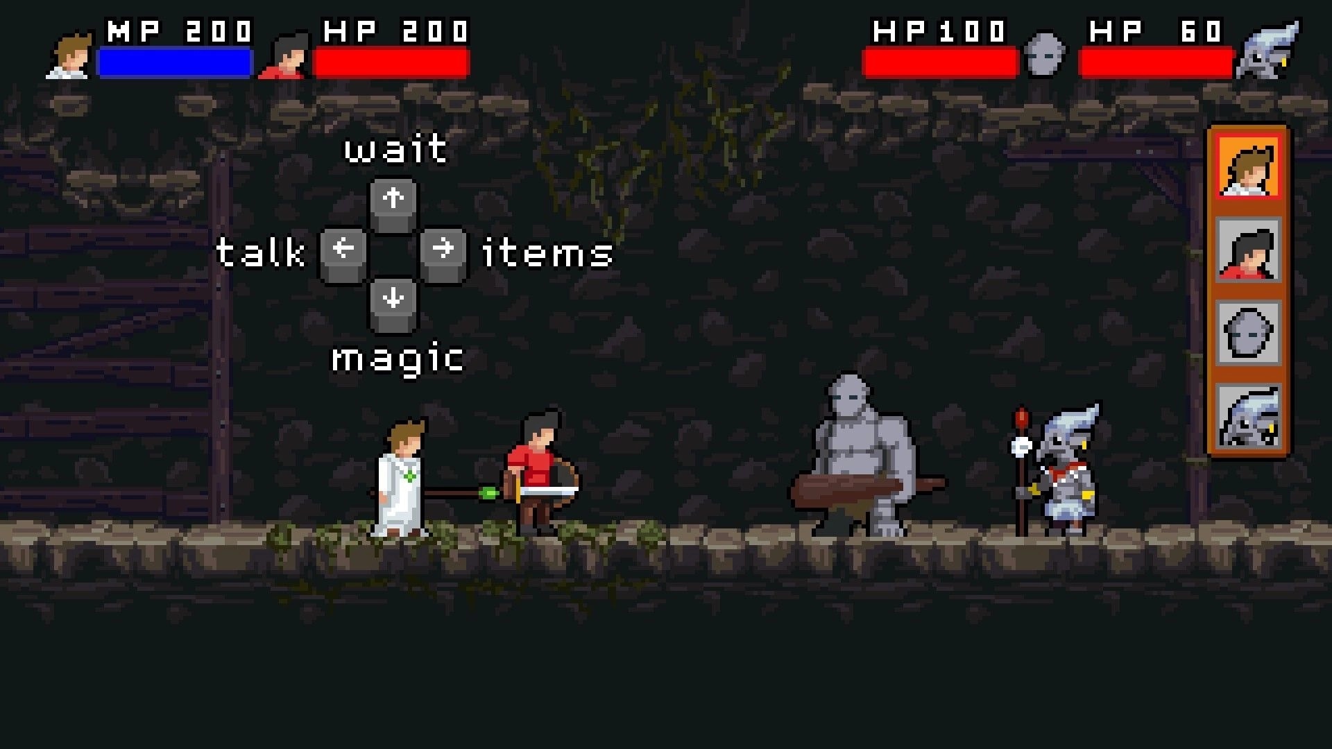 MultiEnding Heroes: The Priest and The Hero face a stone golem in a cavern with action options visible.