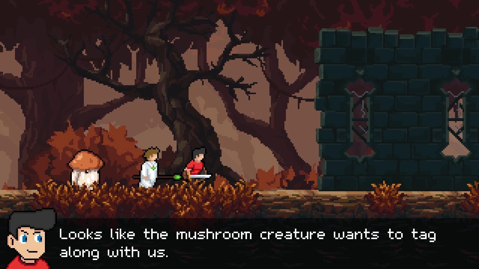 MultiEnding Heroes: The Priest and The Hero meet a mushroom creature in a dark forest near a stone wall