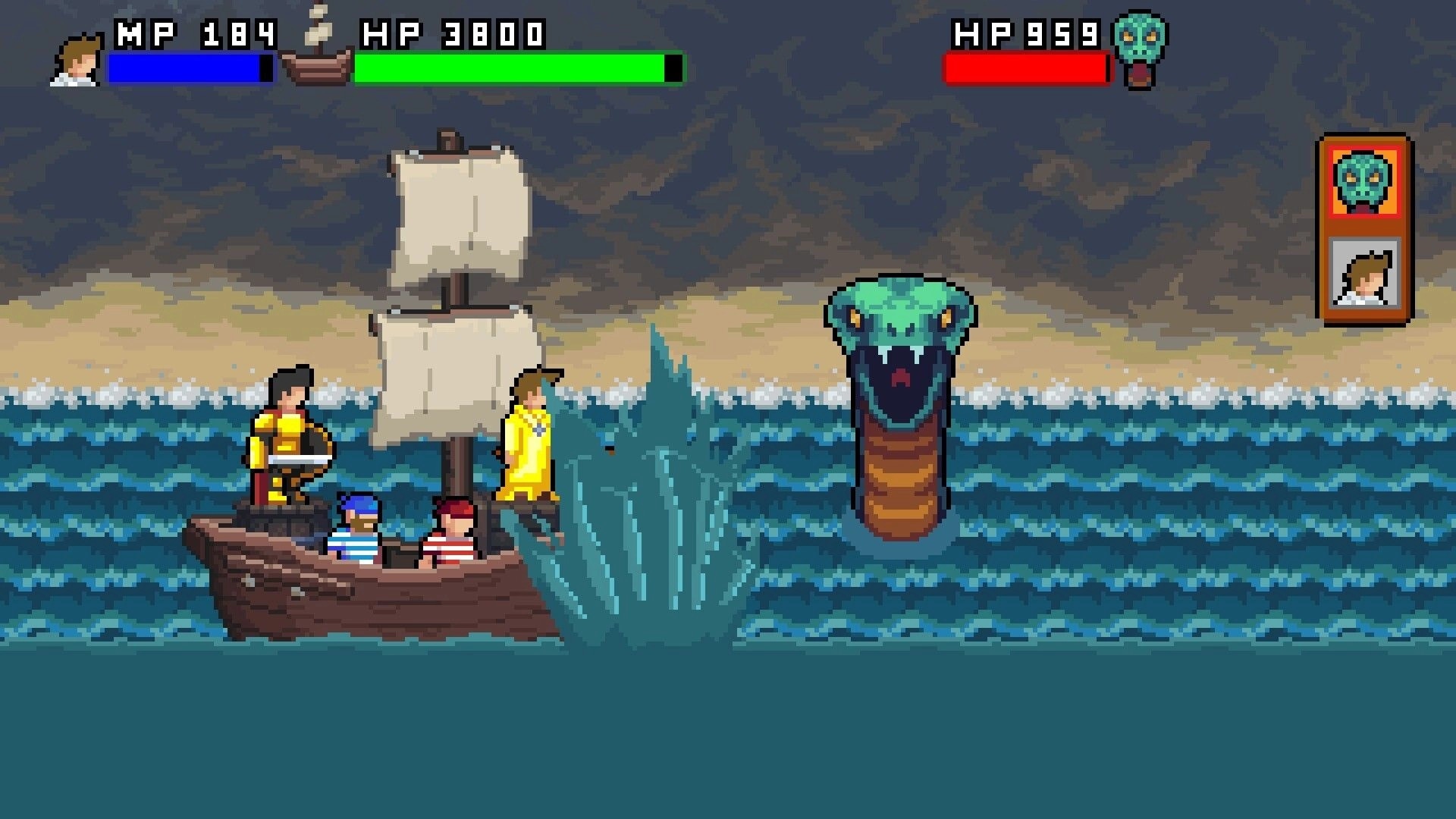 MultiEnding Heroes: The Priest and crew face sea serpent on ship with health bars above ocean waves