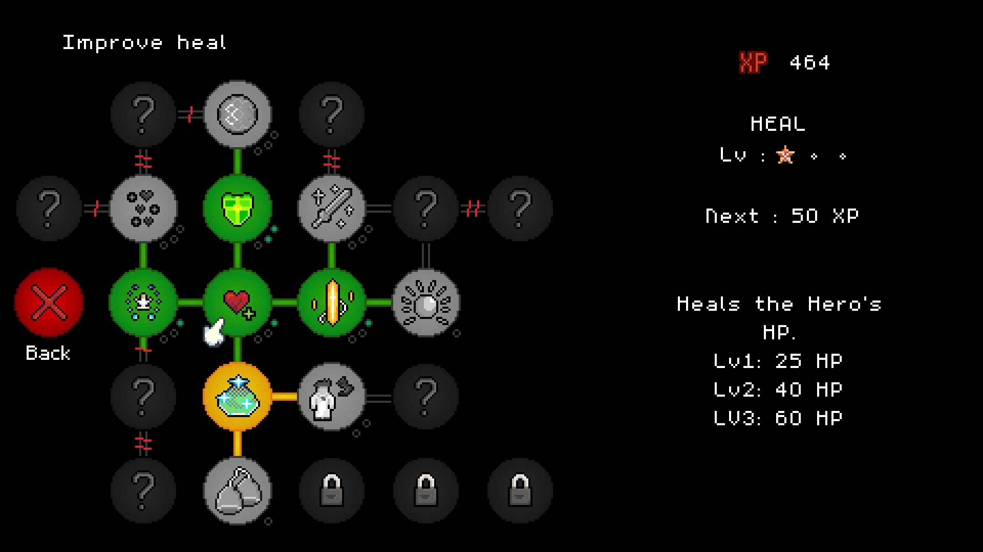 MultiEnding Heroes: Skill tree interface with healing improvements and XP details displayed
