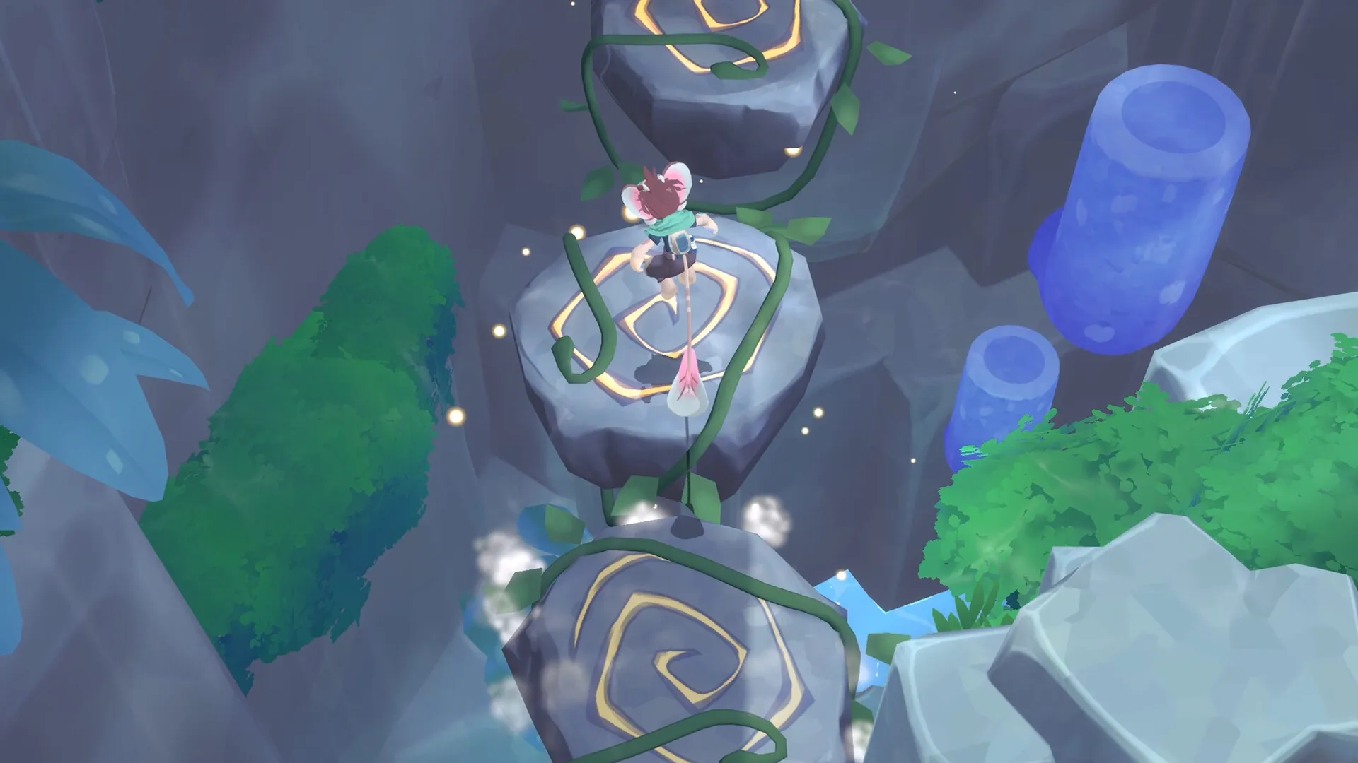 Muri: Character jumps between floating stone platforms in a lush, mystical forest with swirling vines.