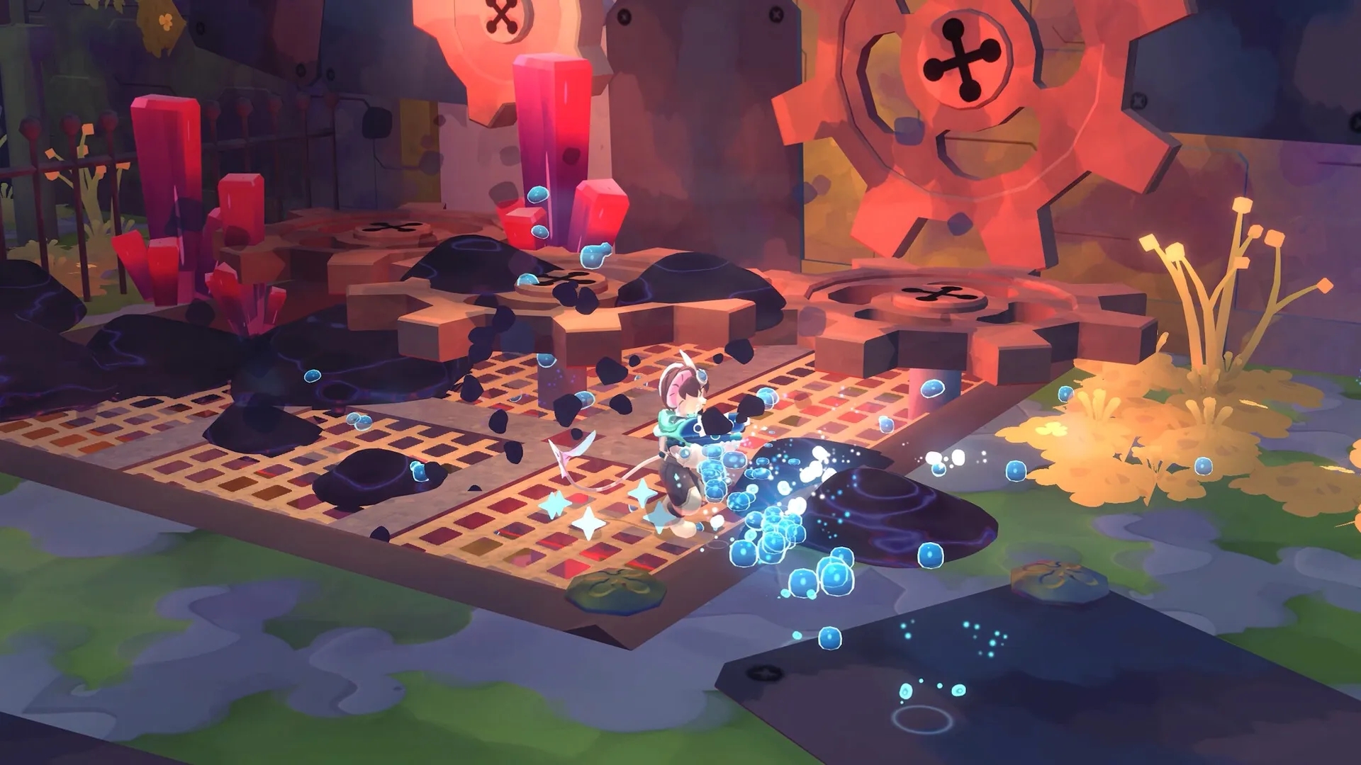 Muri: Cleansing corruption with blue orbs in a gear-filled area with vibrant crystals and foliage