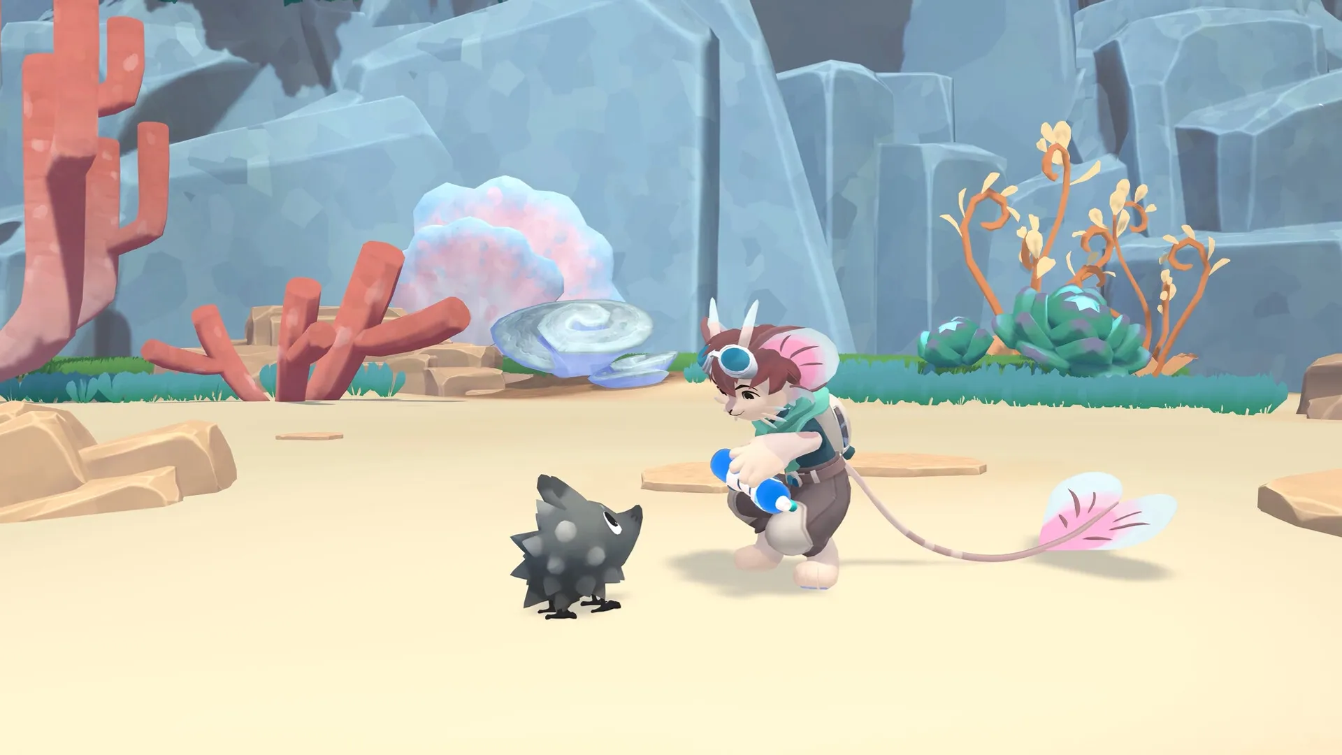Muri: Muri interacts with a small creature in a colorful, rocky area with plants and coral-like formations.