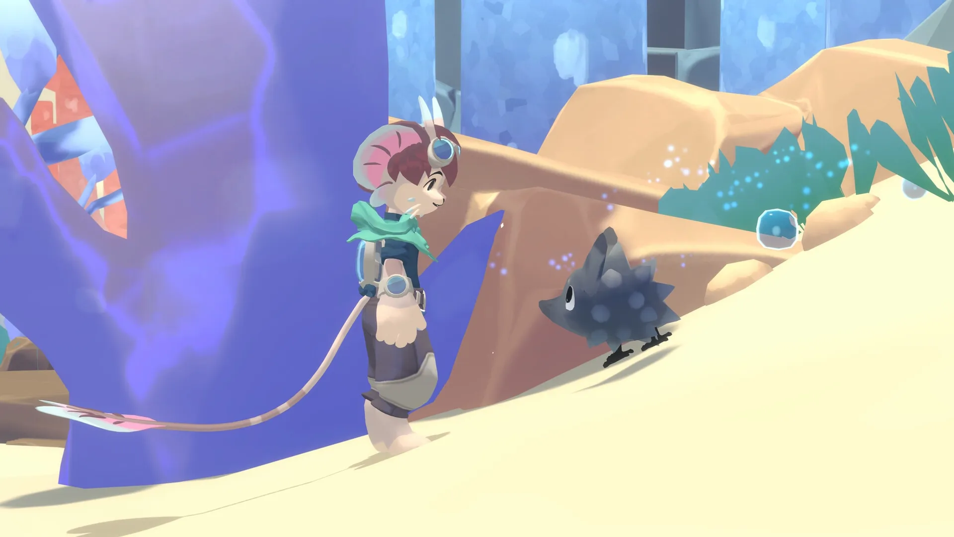 Muri: Muri interacting with a small creature on a sandy path in a vibrant, colorful Wildwoods environment.
