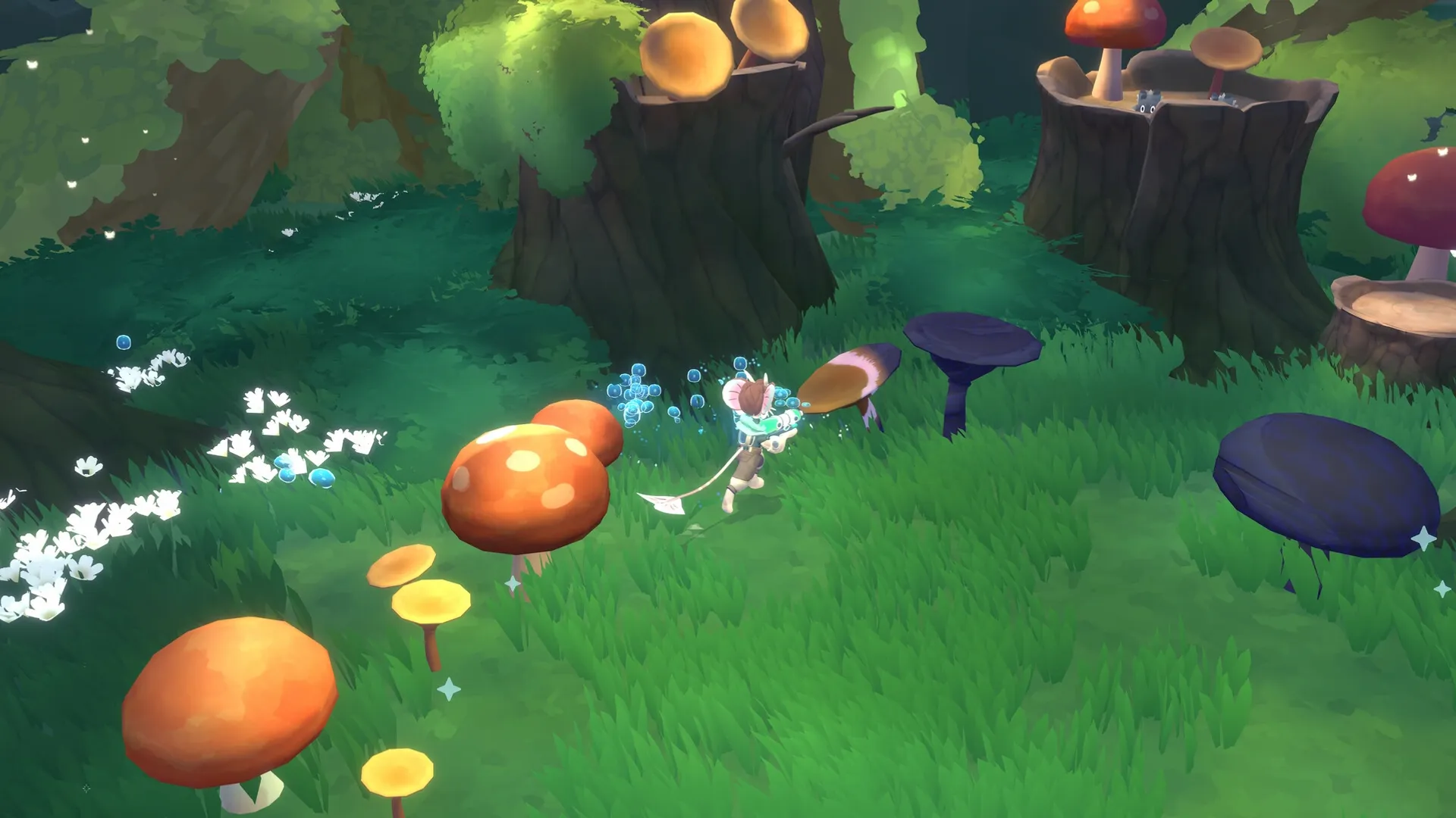 Muri: Cleansing corruption from mushrooms in lush green Wildwoods with vibrant flora and light effects.