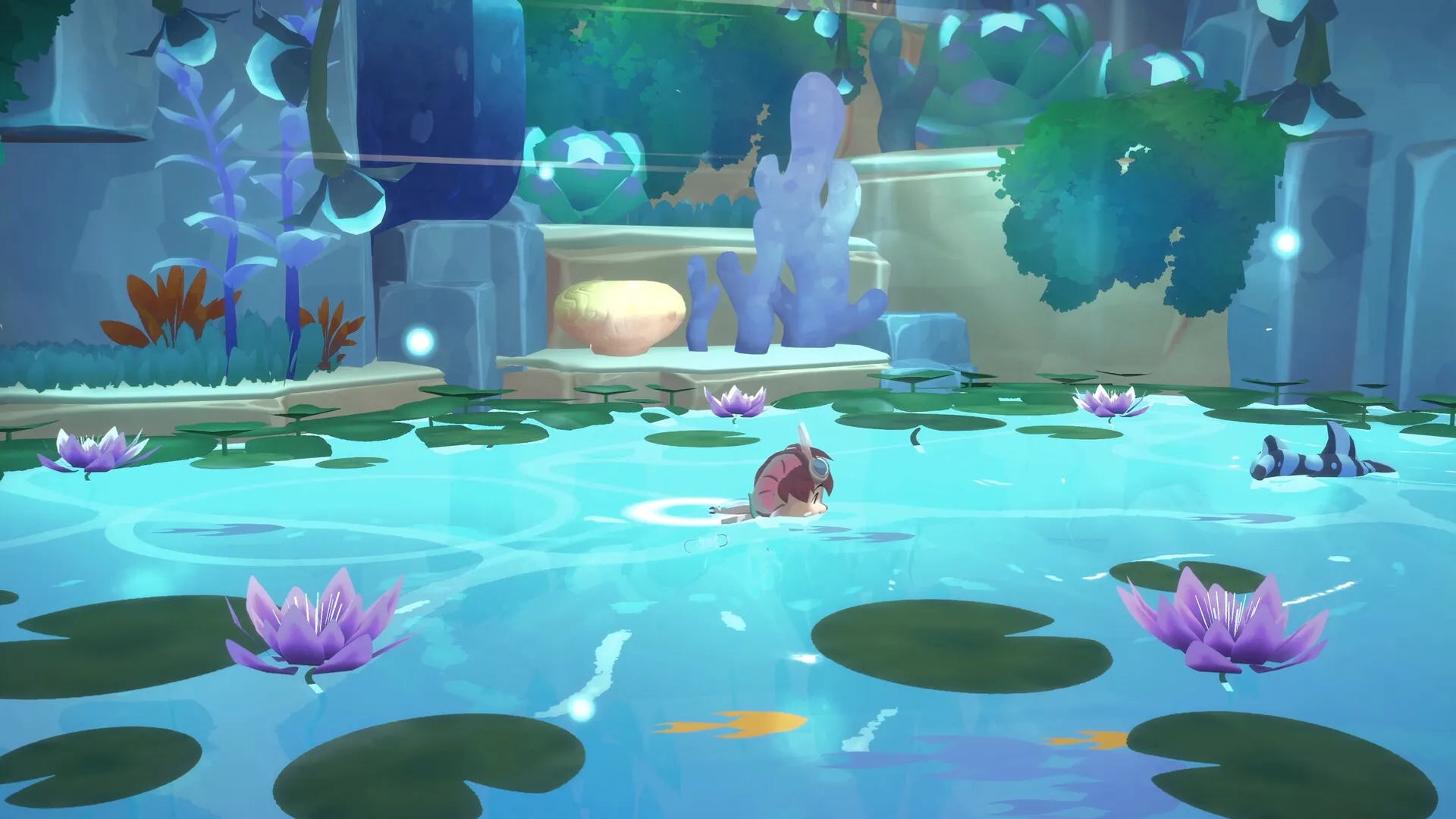 Muri: Swimming through a serene pond surrounded by lily pads and vibrant flora in the Wildwoods.