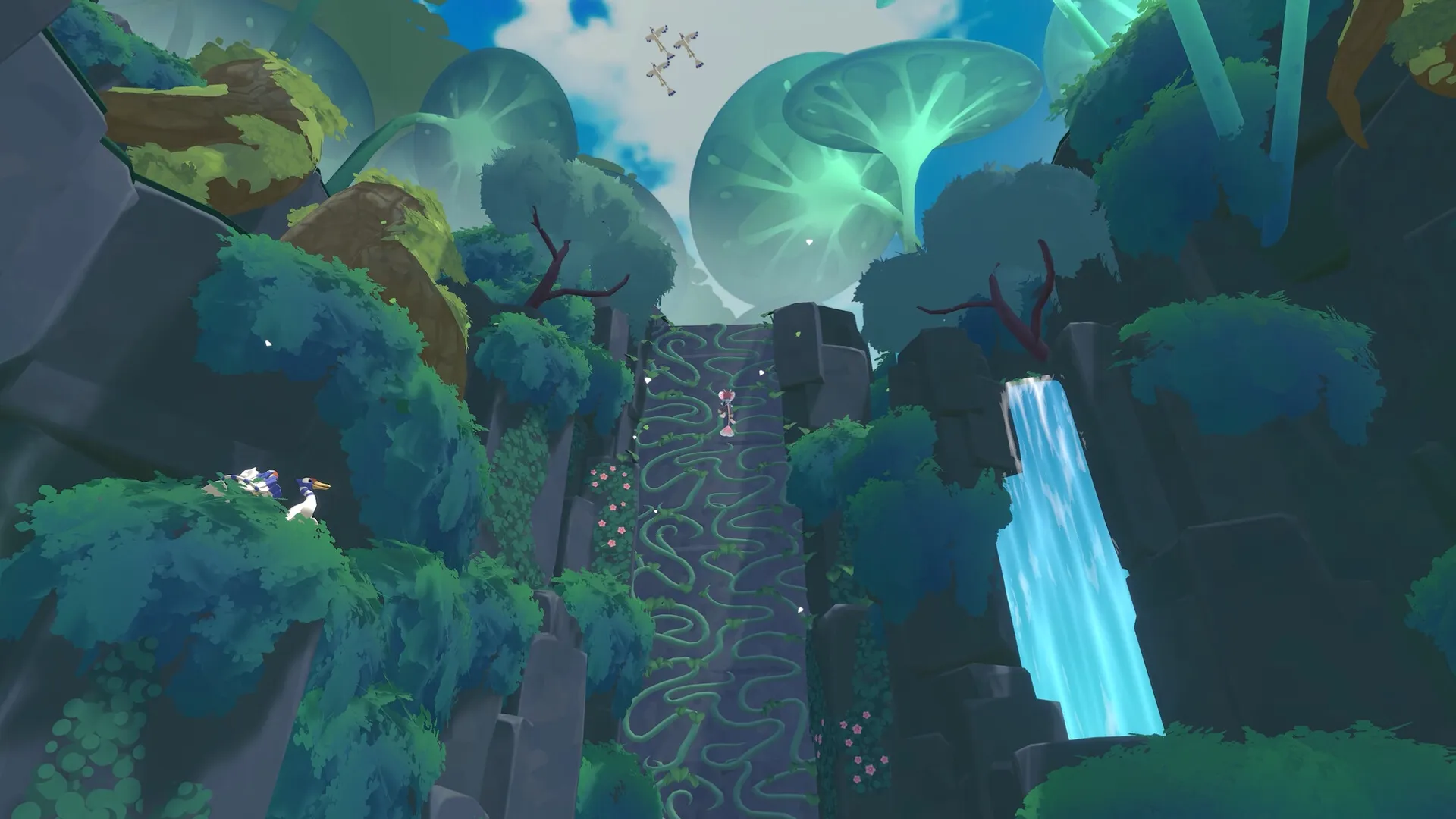 Muri: Character climbs a vine-covered path with lush foliage and glowing mushrooms in a mystical forest.