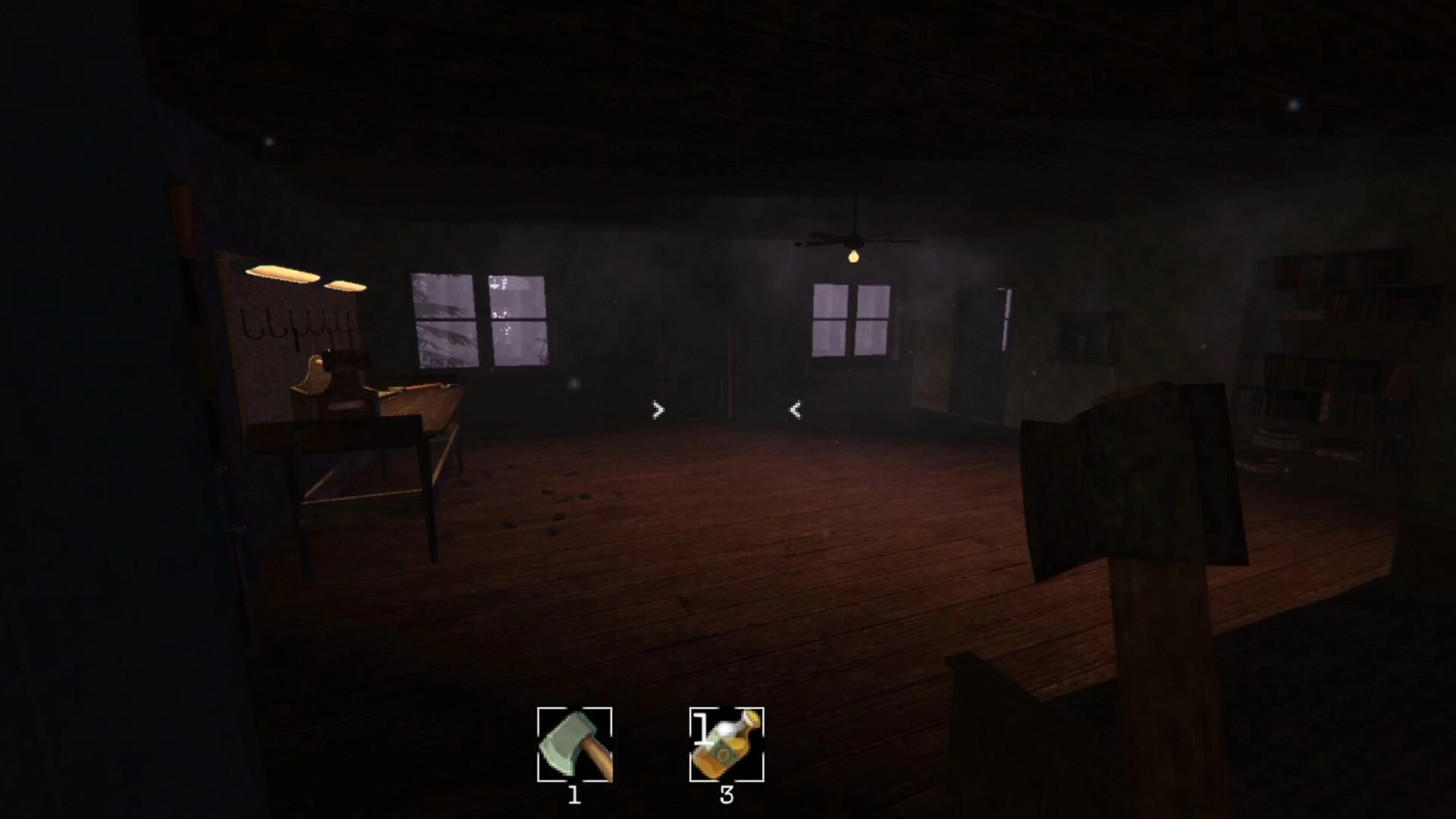 MURK: First-person view inside dim cabin, axe equipped, inventory icons and arrows on screen.