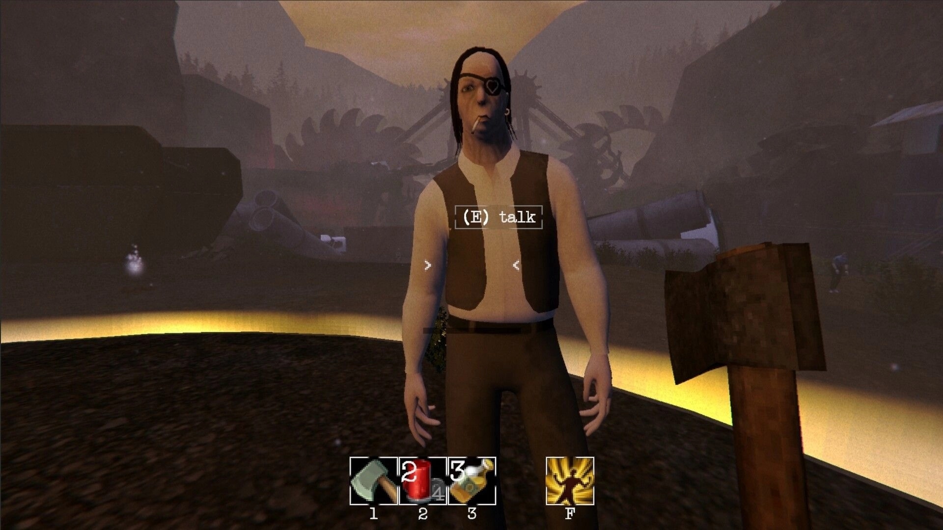 MURK: (E) talk prompt over eyepatched NPC in foggy scrapyard, hotbar icons at bottom HUD.