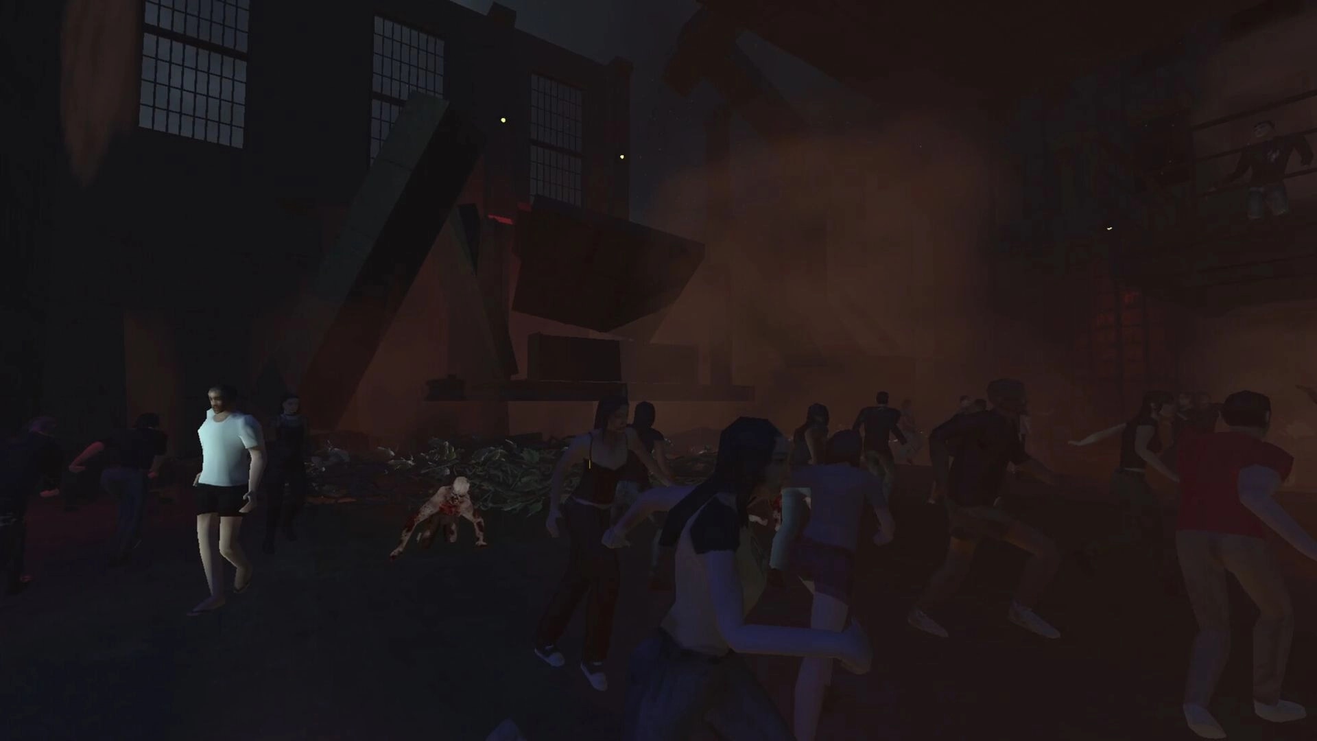 MURK: Panicked crowd runs through smoky factory hall as a pale crawler creature lunges nearby.