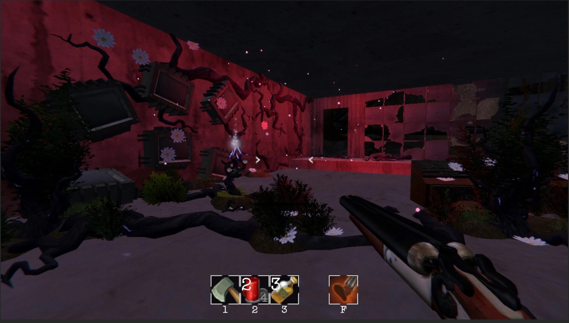 MURK: First-person shotgun view in a pink, broken room with vines, flowers, and hotbar UI.