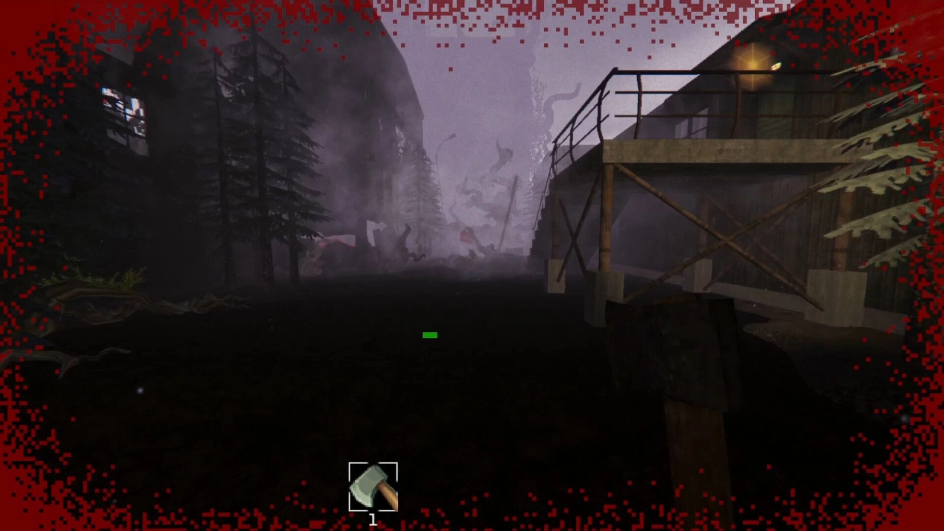 MURK: First-person view holding a hammer on a foggy forest road beside a lit cabin platform HUD.