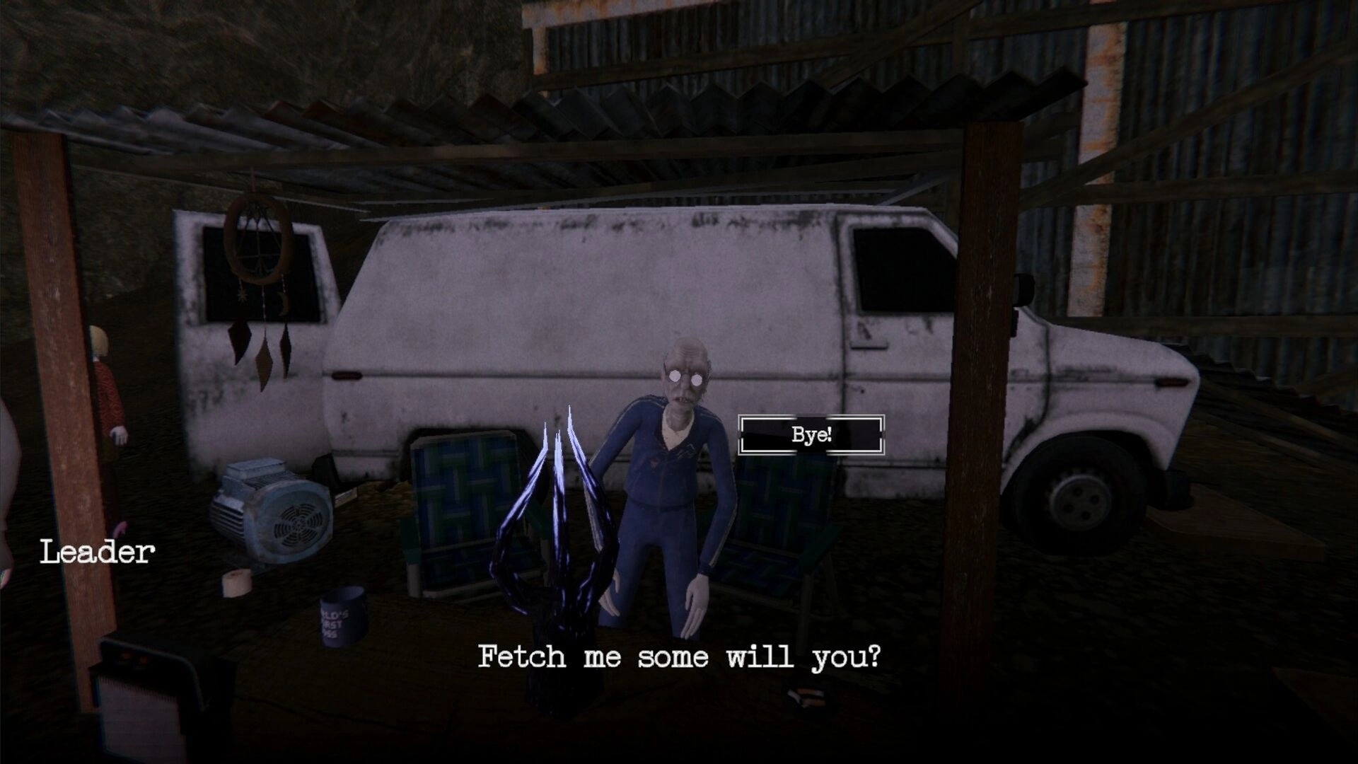 MURK: Talking to a pale NPC by a van, dialogue choice "Bye!" in a dim corrugated shed.