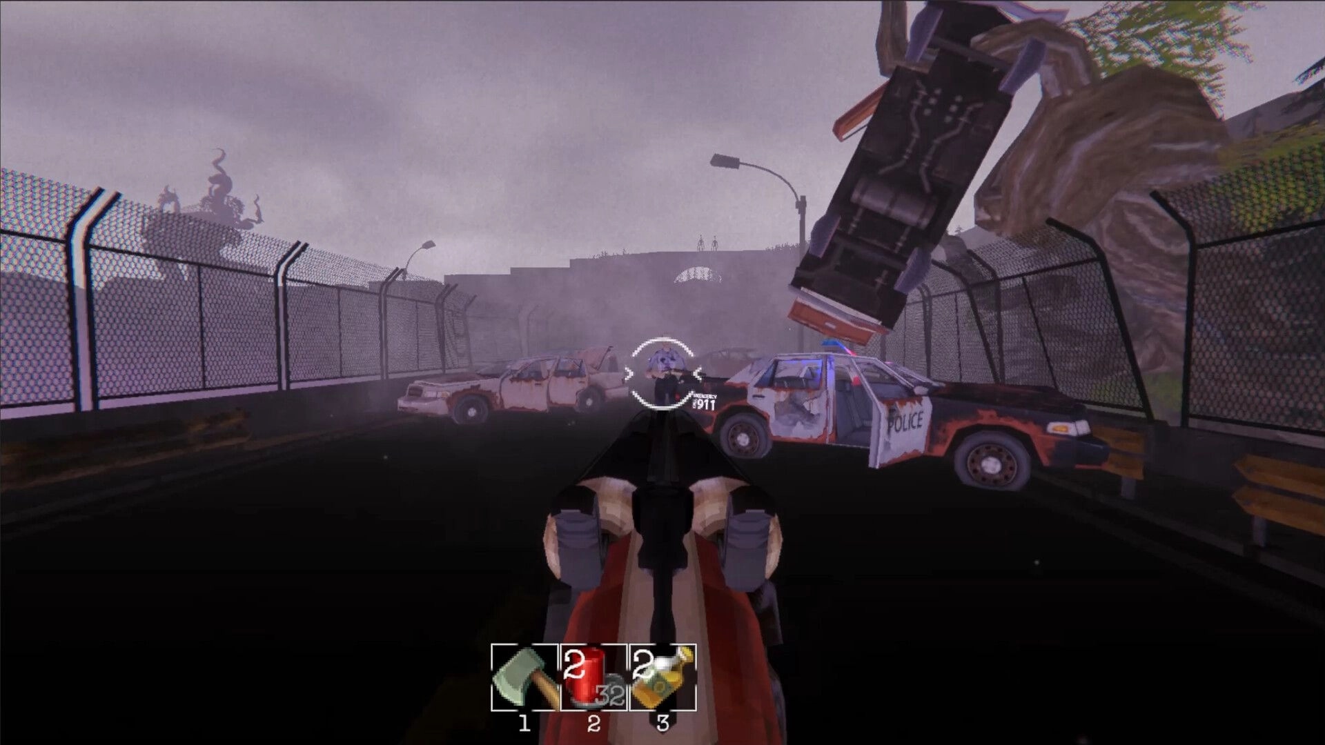 MURK: Aiming down sights at a hostile on a foggy fenced highway with wrecked police cars, hotbar UI.