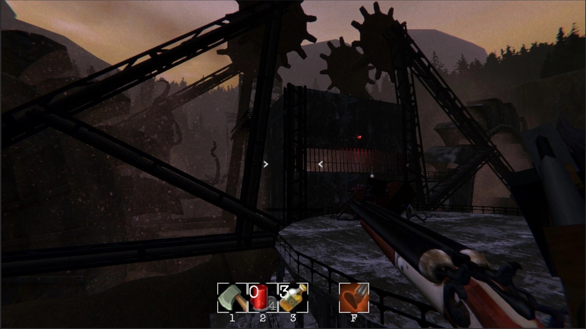 MURK: Shotgun aimed on a rainy catwalk by giant gears, with hotbar items at the bottom HUD.