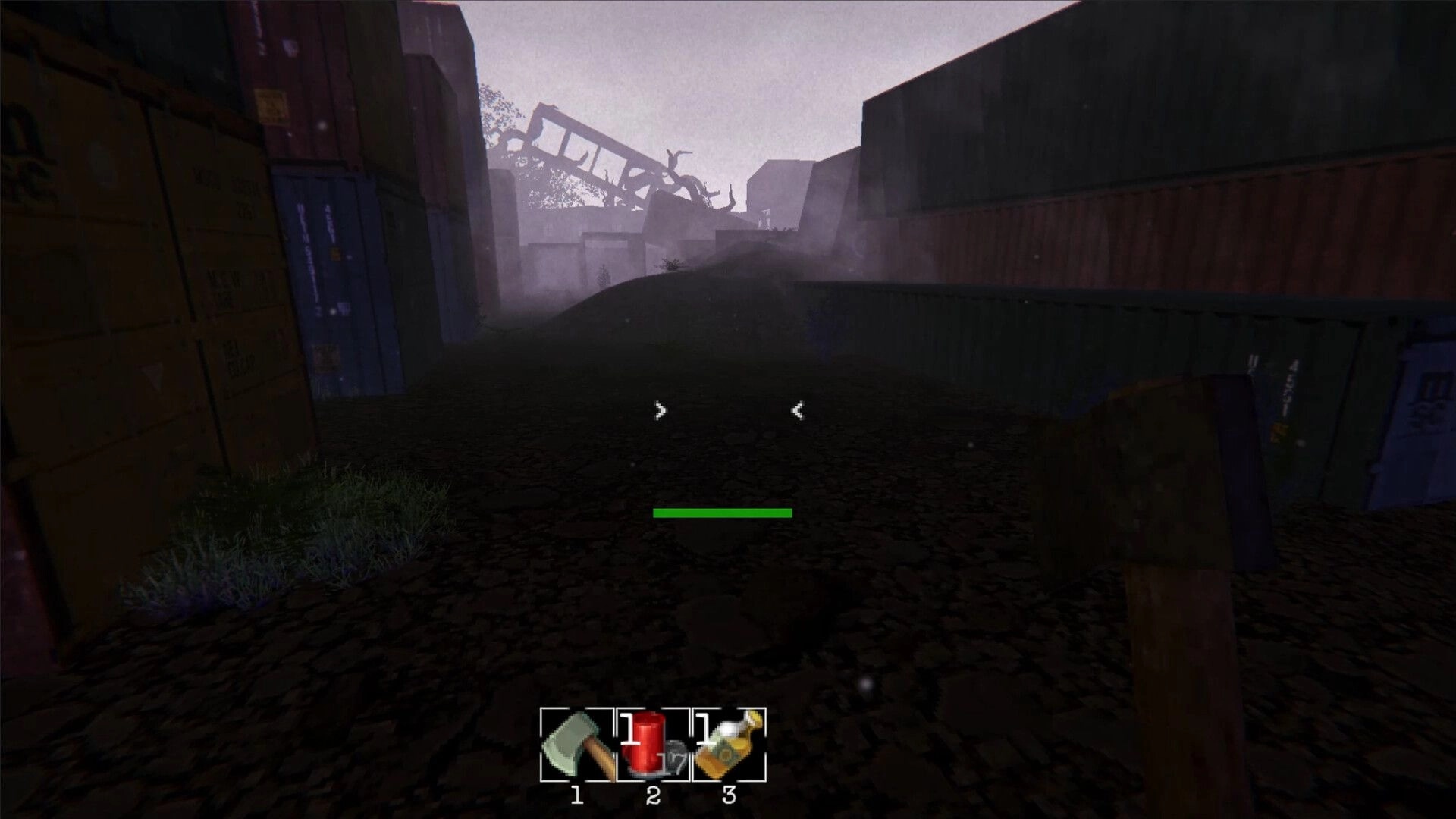 MURK: First-person view in foggy shipping yard with health bar and hotbar for axe, can, loot.