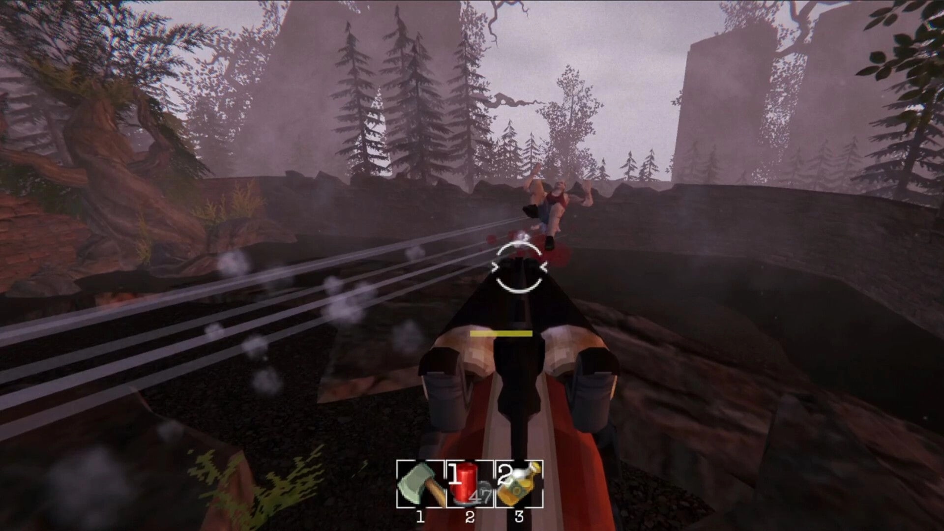 MURK: First-person rifle shot with crosshair hitting a humanoid on a foggy forest road with UI bar.
