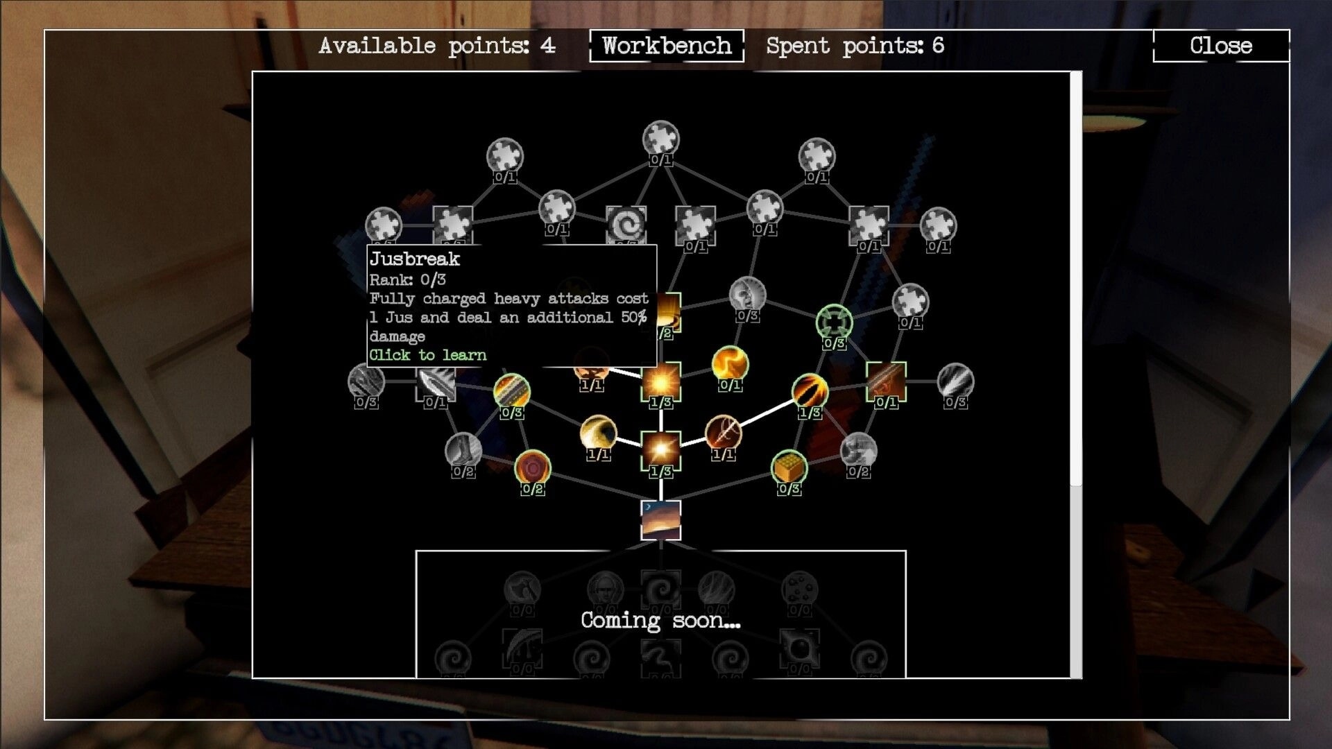 MURK: Workbench skill tree menu with Jusbreak tooltip and available points over dim workshop view.