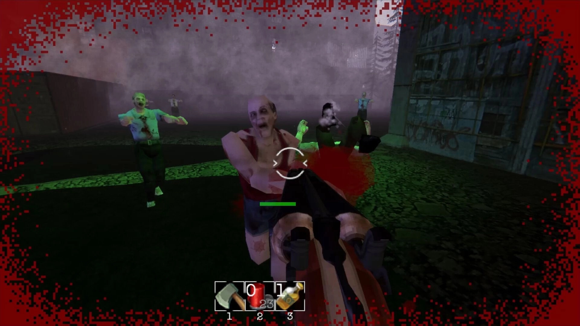 MURK: Shotgun blast hits a zombie at close range in foggy yard, blood vignette and hotbar UI visible.