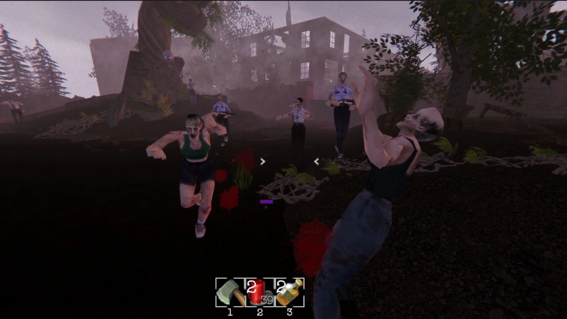 MURK: First-person melee fight with blood splatter, zombies and armed guards near ruined building at dusk.