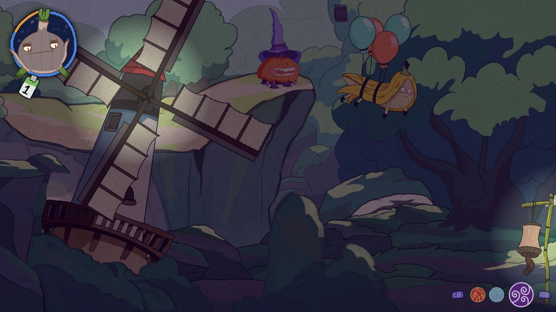 Murky: Pumpkin witch on a cliff by a windmill, fish floats on balloons, spell icons on HUD.