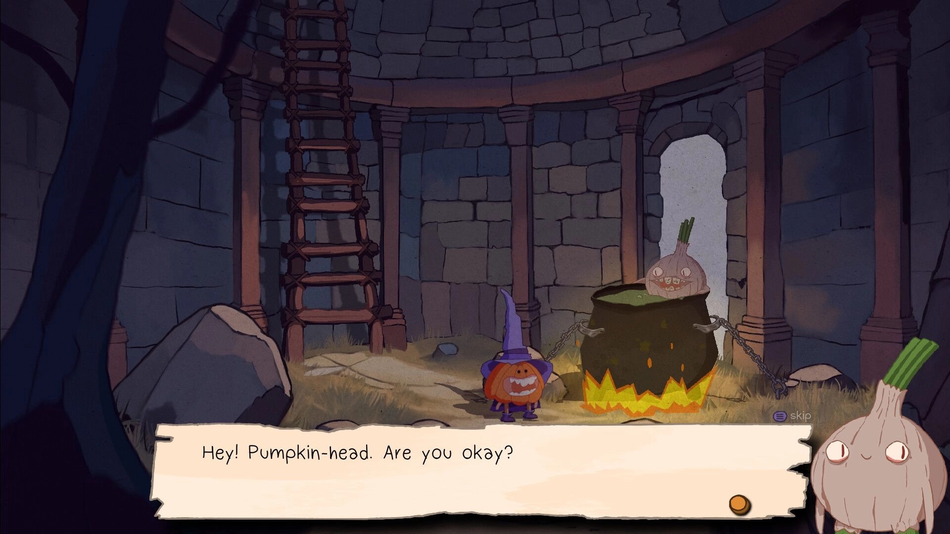 Murky: Dialogue scene with onion-faced character and pumpkin wizard by a boiling cauldron in stone tower.
