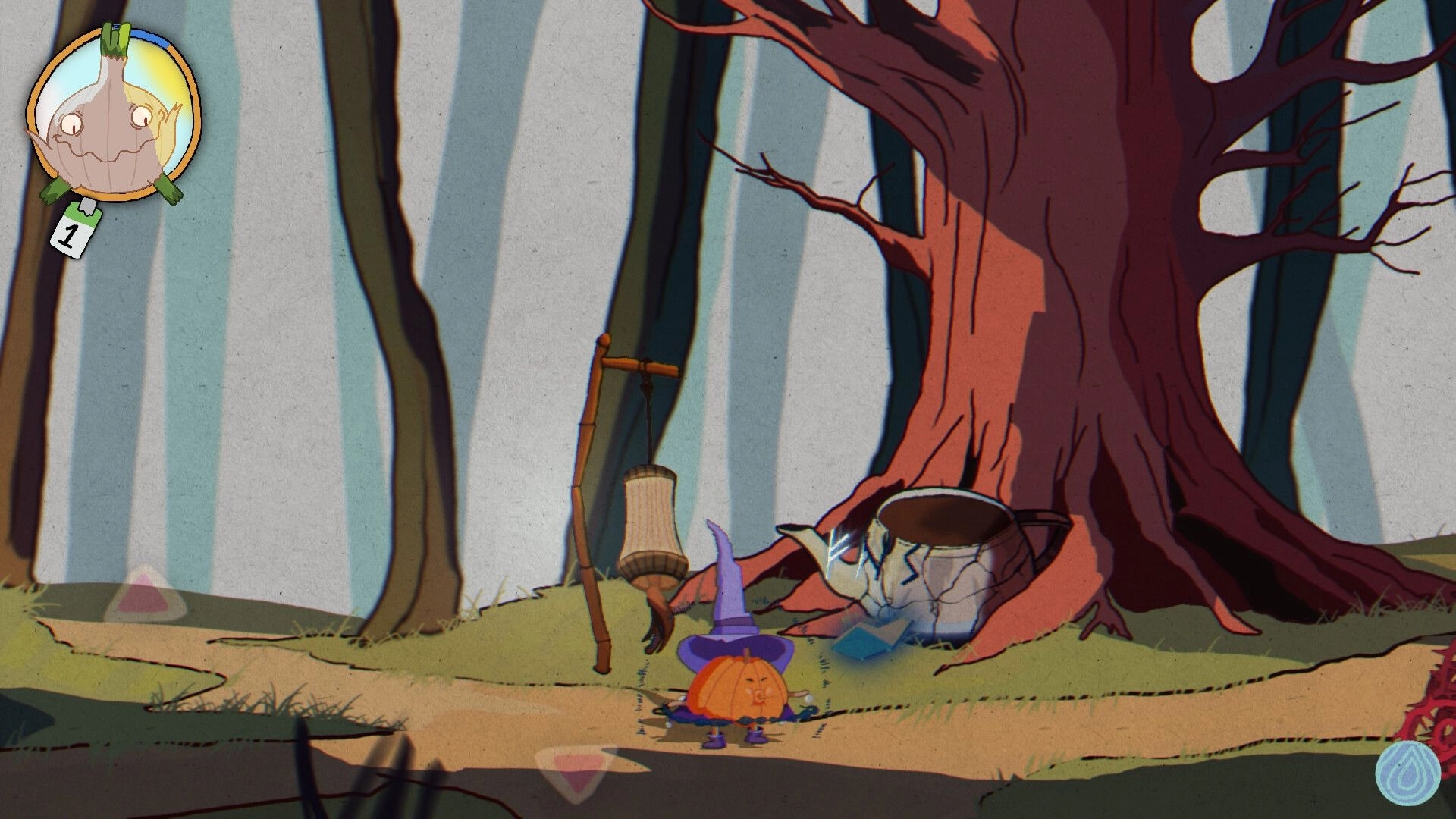 Murky: Pumpkin-headed wizard stands by a cracked pot and hanging lantern in a gloomy forest clearing.