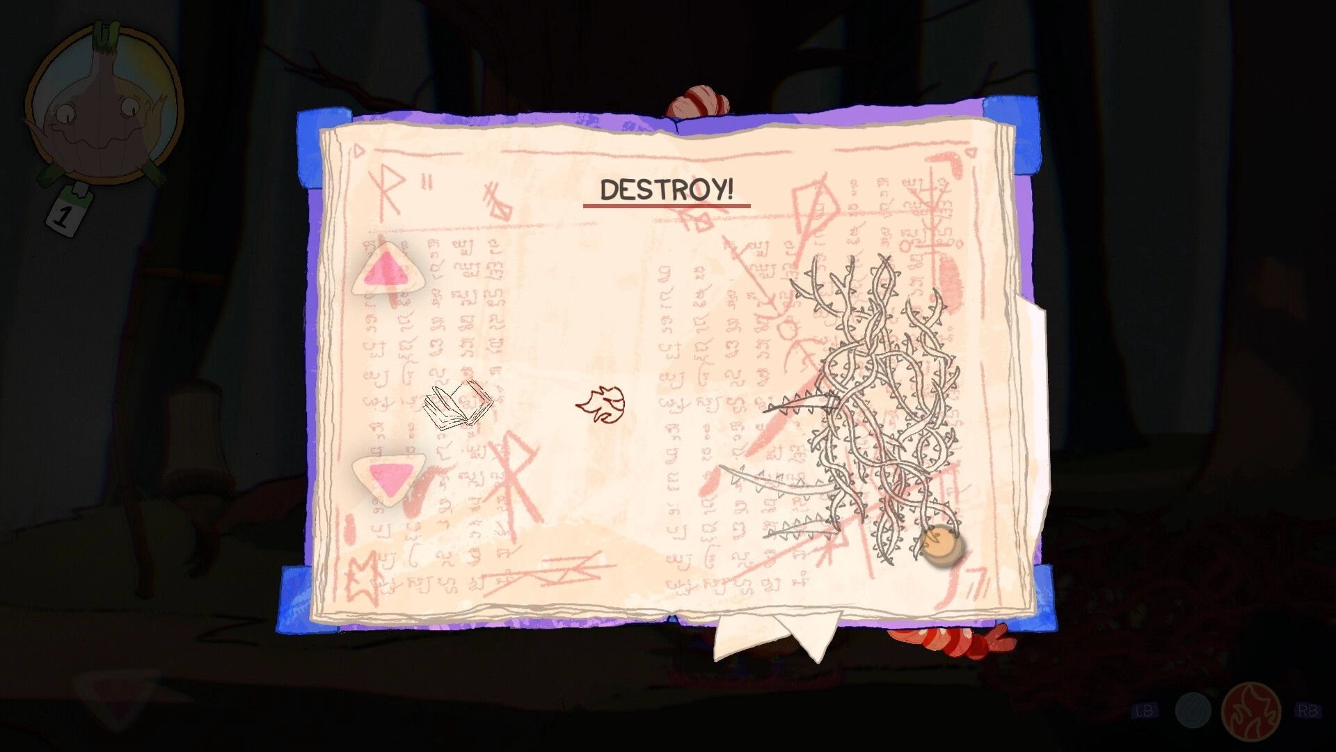 Murky: Spellbook page labeled DESTROY with rune notes and thorny vine sketch over dark cave UI.