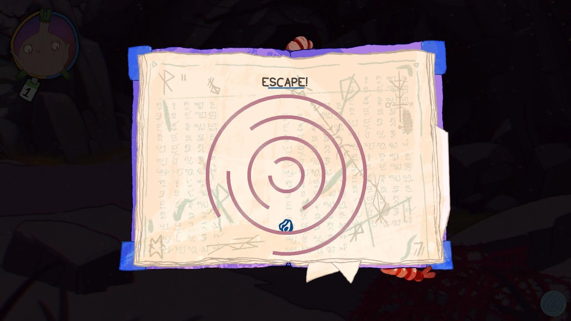 Murky: Puzzle page titled ESCAPE with spiral maze and rune notes over a dark cavern backdrop.
