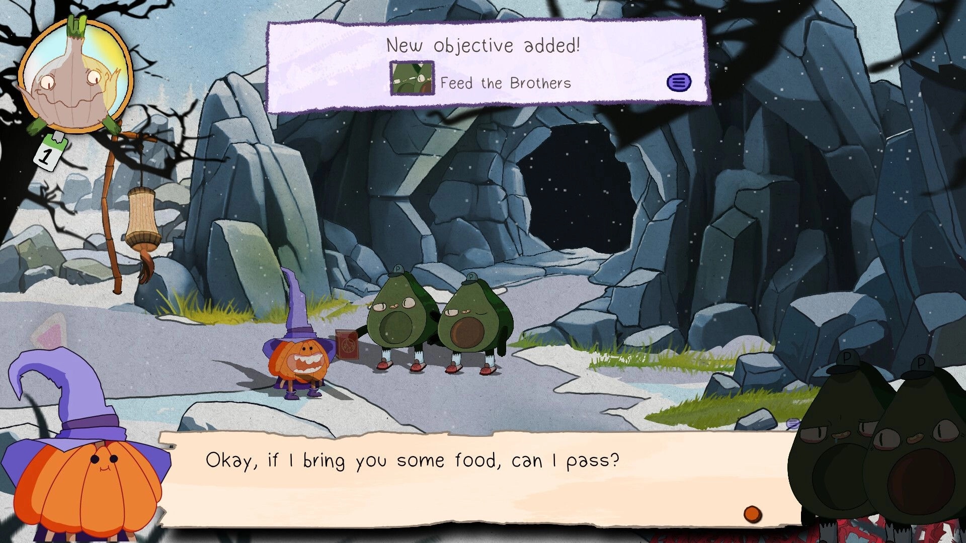 Murky: Pumpkin wizard talks to two guards by a cave; objective popup says Feed the Brothers.