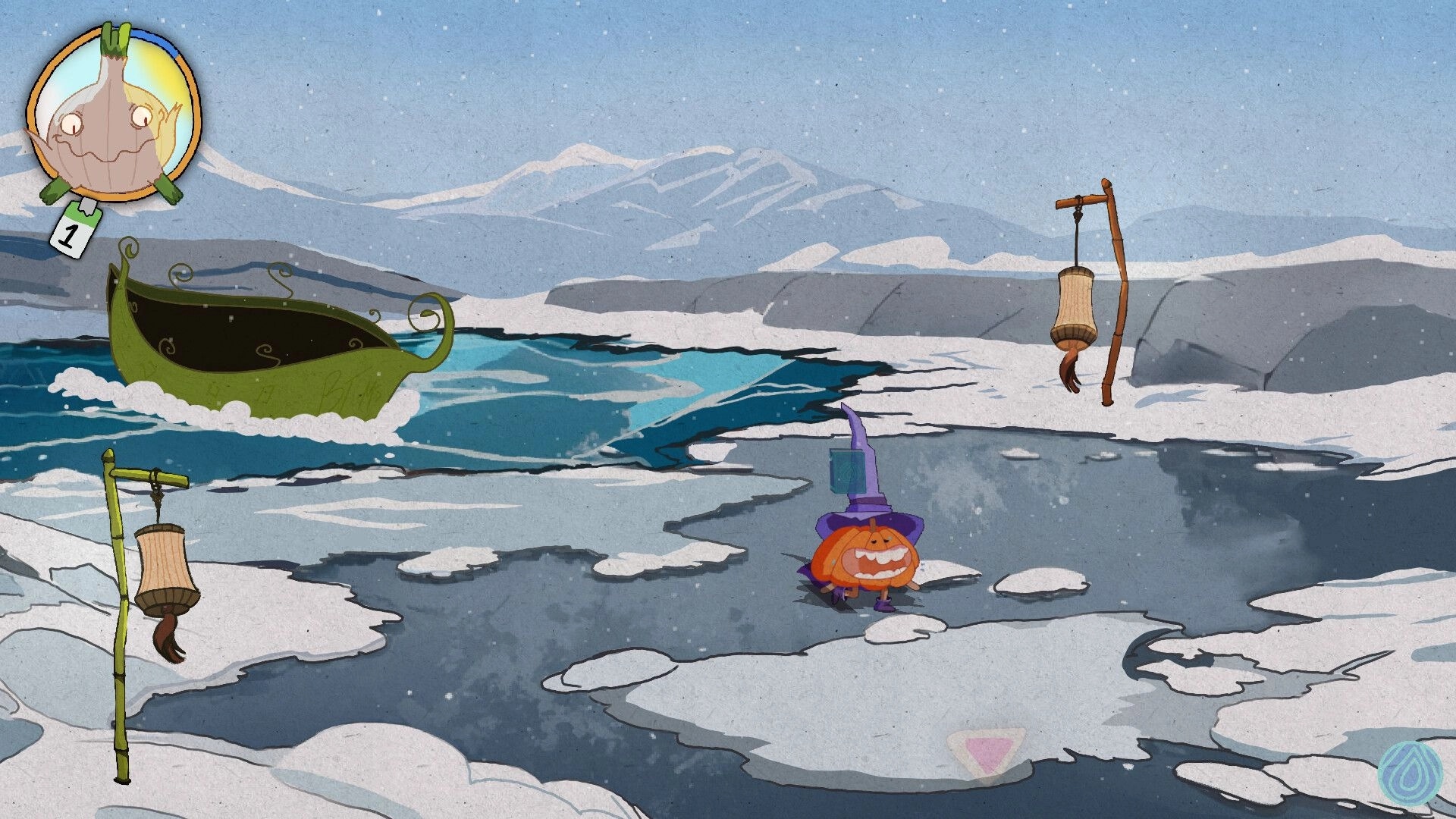 Murky: Pumpkin-headed witch stands on icy shore by green boat, lantern posts, and snowy mountains.