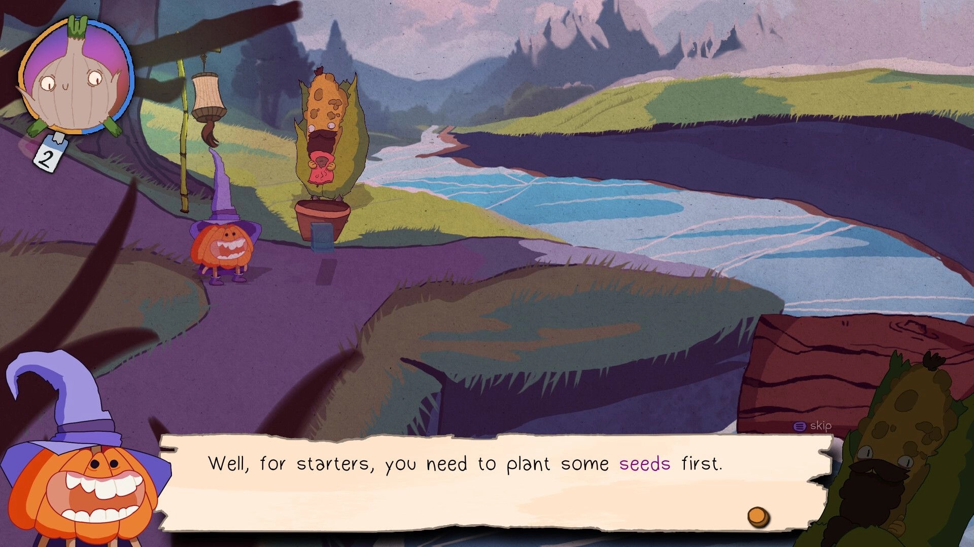 Murky: Pumpkin wizard in dialogue with a potted plant monster by a riverbank, skip prompt visible.